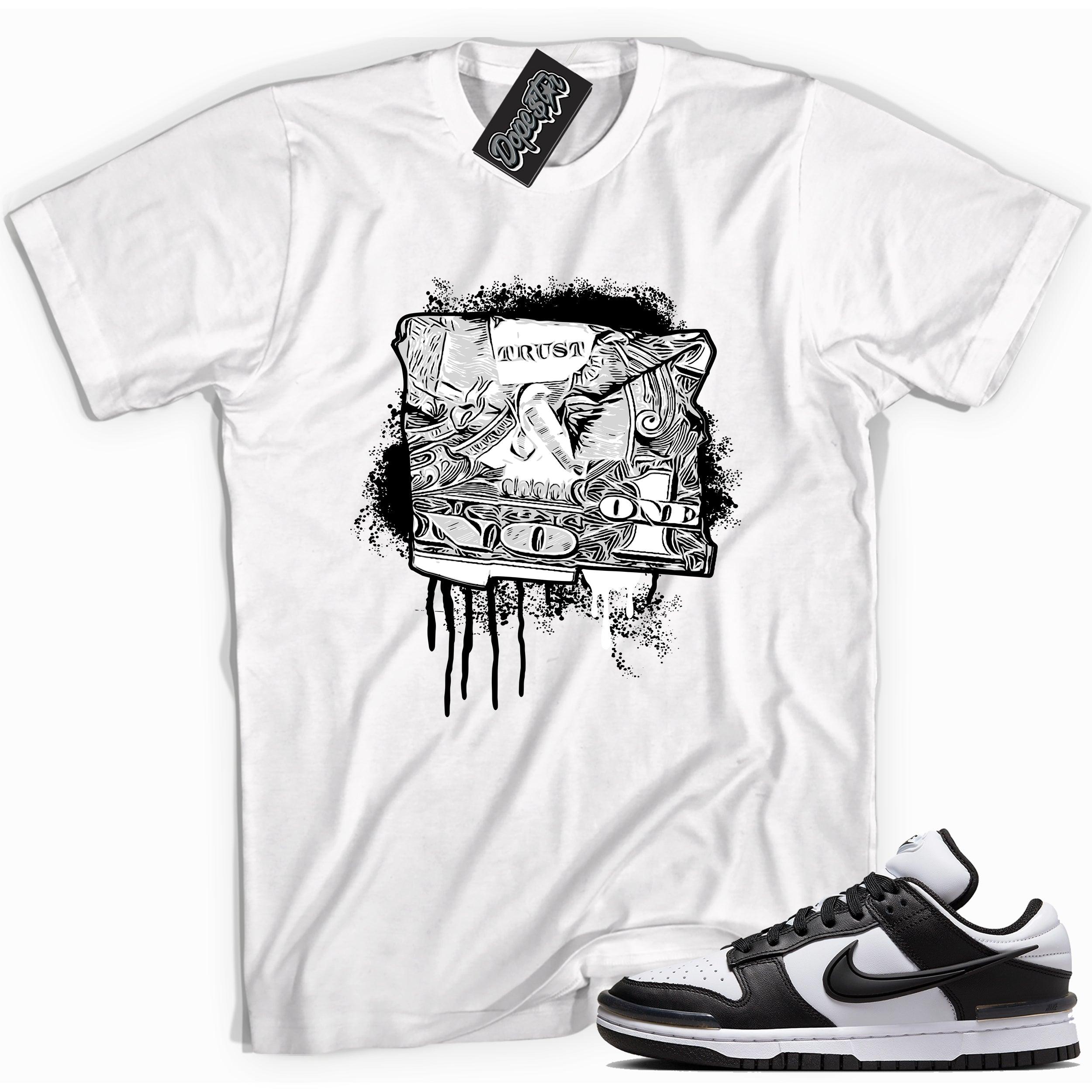 Cool white graphic tee with 'trust no one dollar' print, that perfectly matches Nike Dunk Low Twist Panda sneakers.