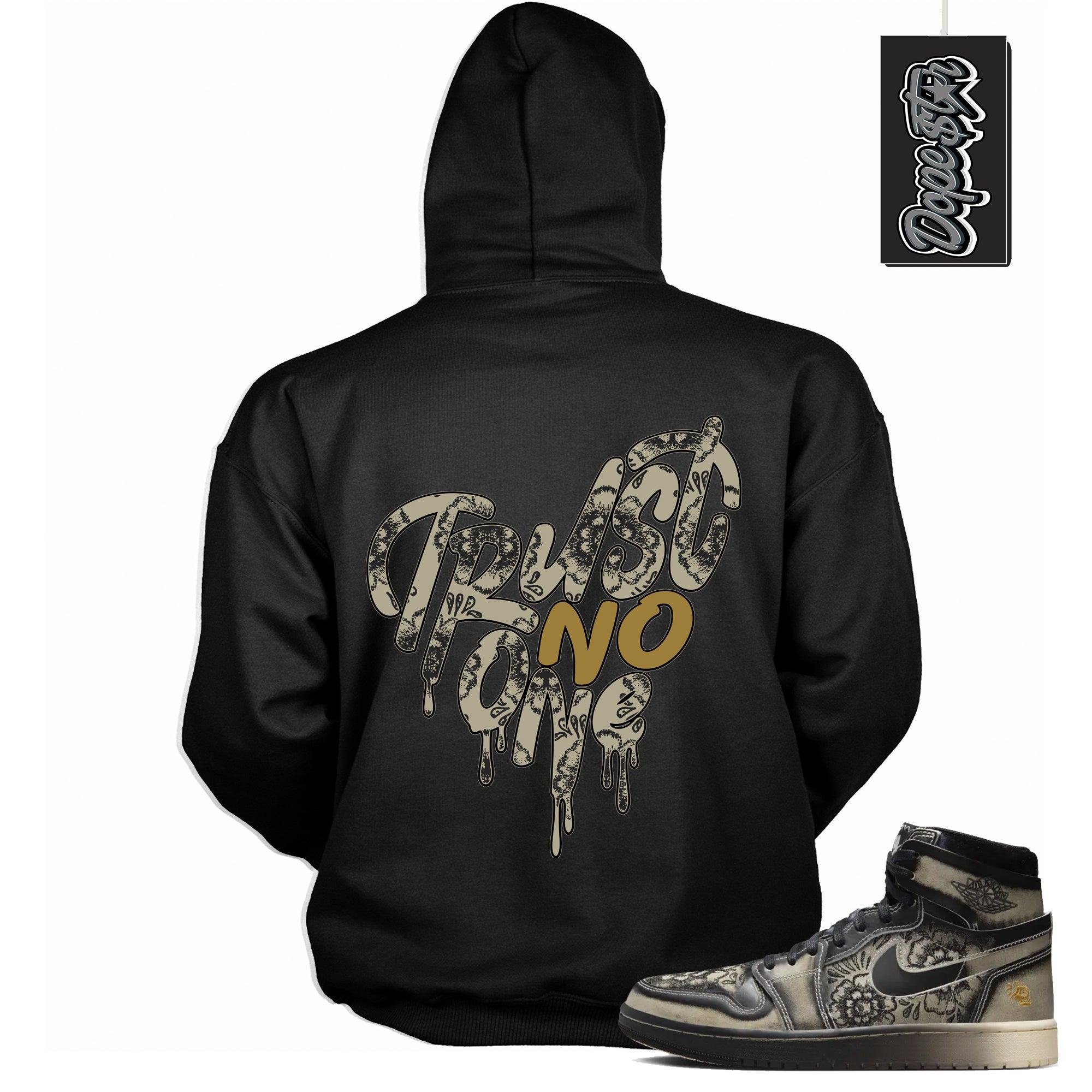 Cool Black Graphic Hoodie with “ Trust No One Heart “ print, that perfectly matches Air Jordan 1 High Zoom Comfort 2 Dia de Muertos Black and Pale Ivory sneakers