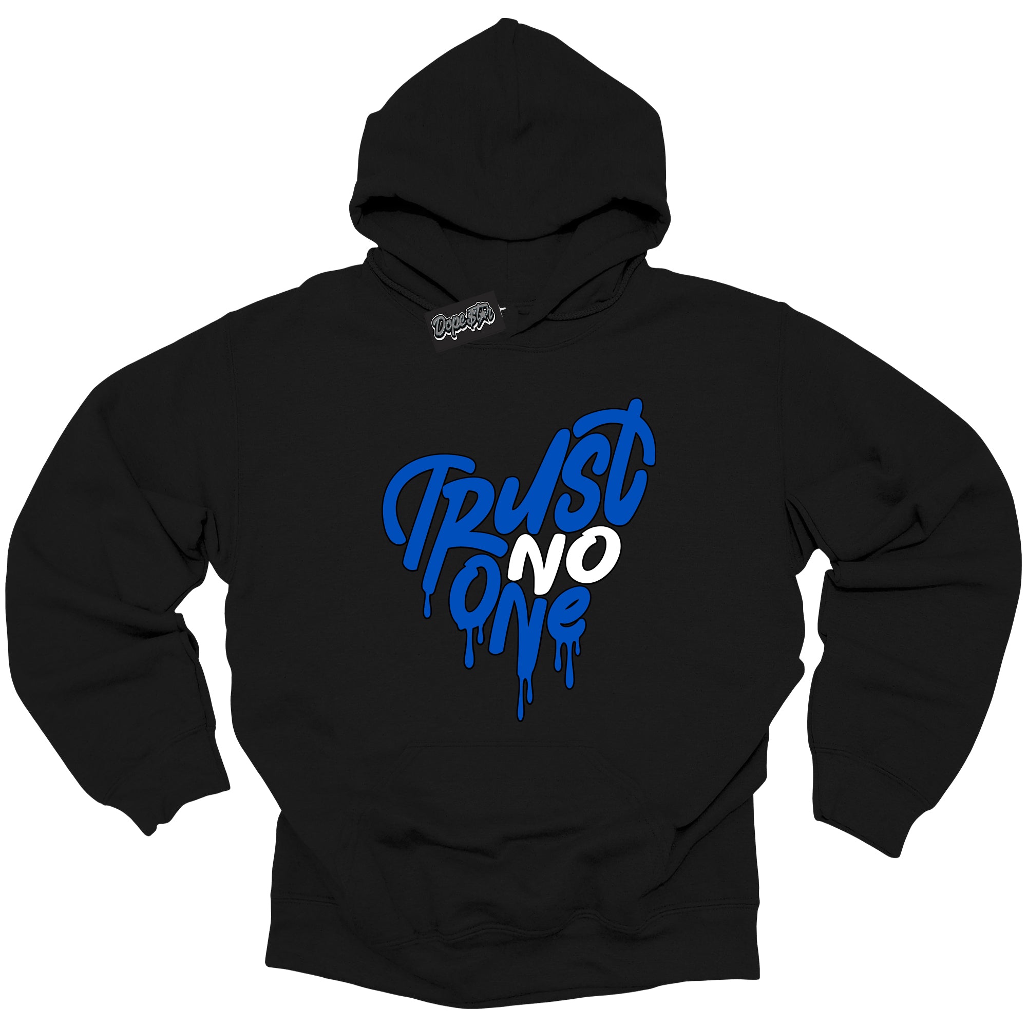 Cool Black Hoodie with “ Trust No One Heart ”  design that Perfectly Matches  Royal Reimagined 1s Sneakers.