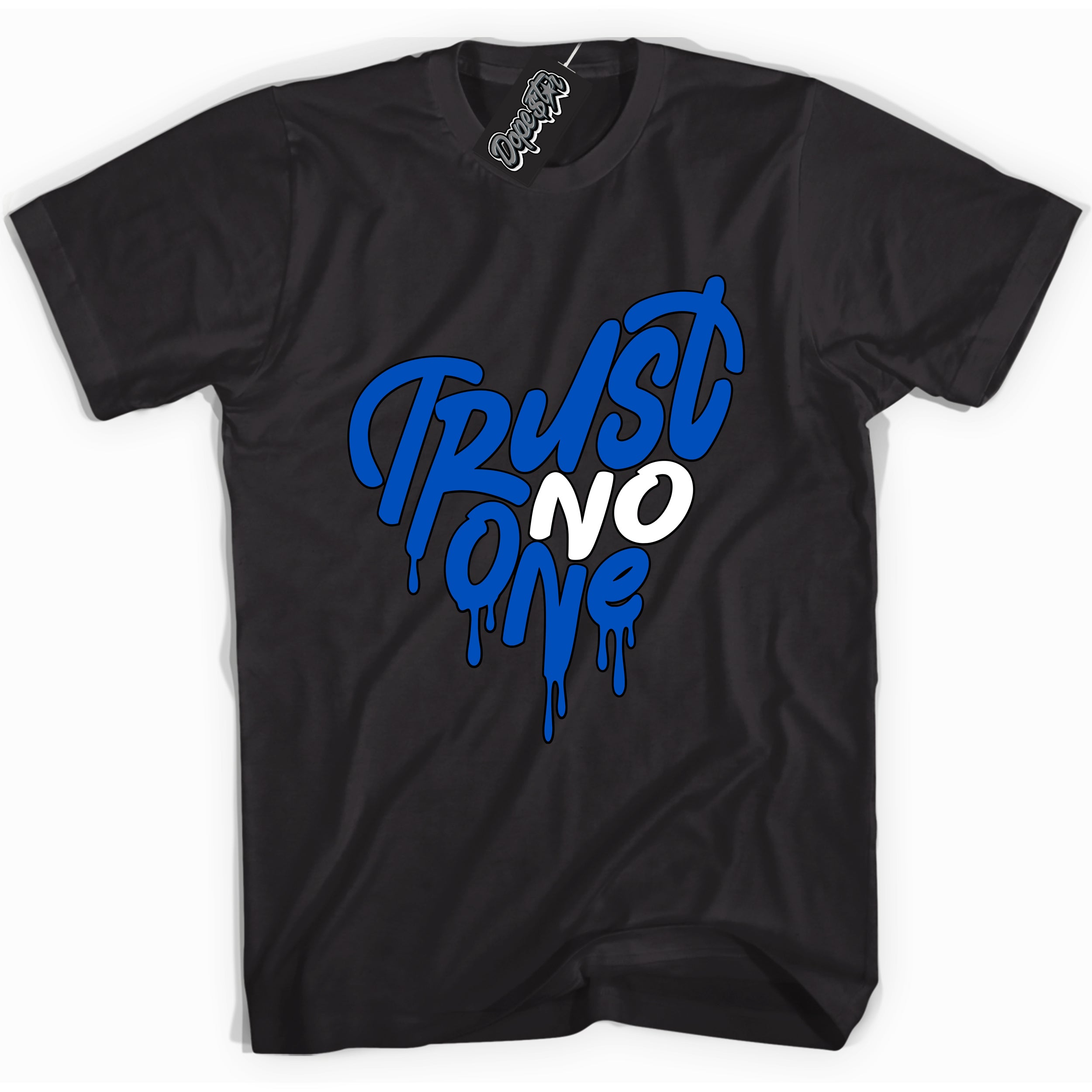 Cool Black graphic tee with "Trust No One Heart" design, that perfectly matches Royal Reimagined 1s sneakers 