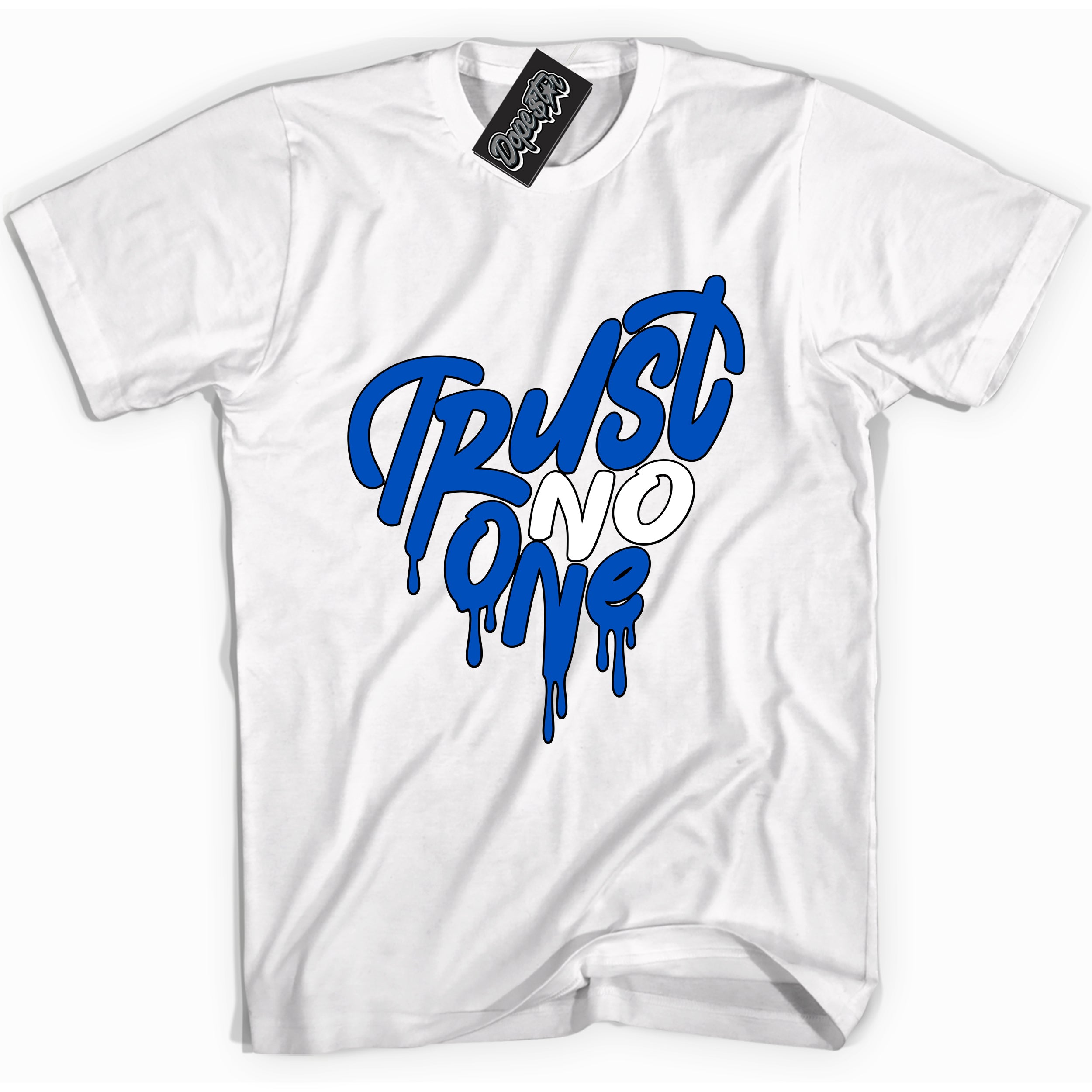 Cool White graphic tee with "Trust No One Heart" design, that perfectly matches Royal Reimagined 1s sneakers 