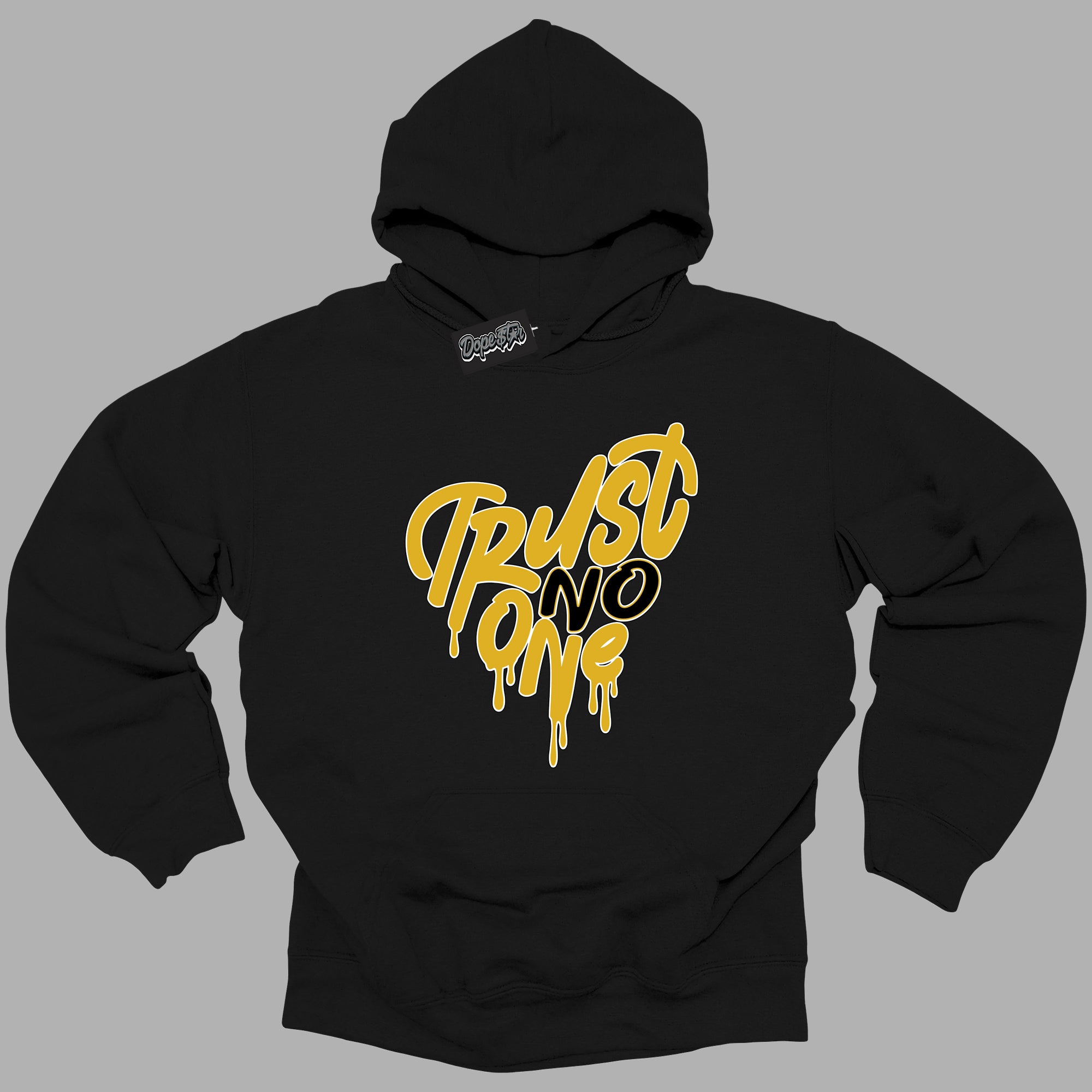 Cool Black Hoodie with “ Trust No One Heart ”  design that Perfectly Matches Yellow Ochre 6s Sneakers.
