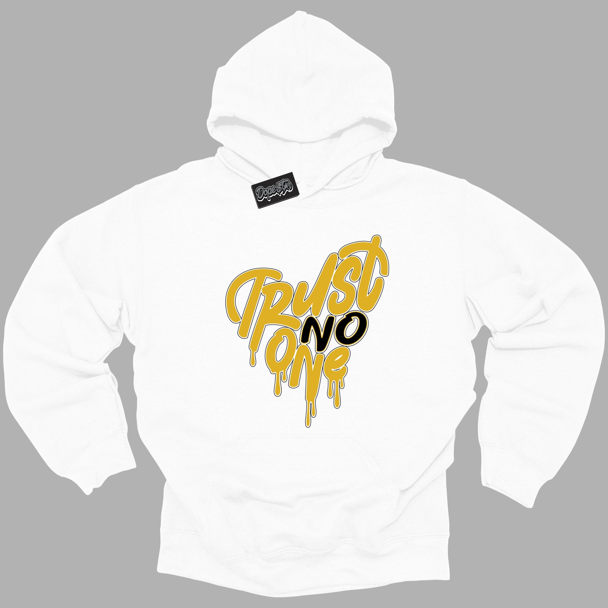 Cool White Hoodie with “ Trust No One Heart ”  design that Perfectly Matches Yellow Ochre 6s Sneakers.