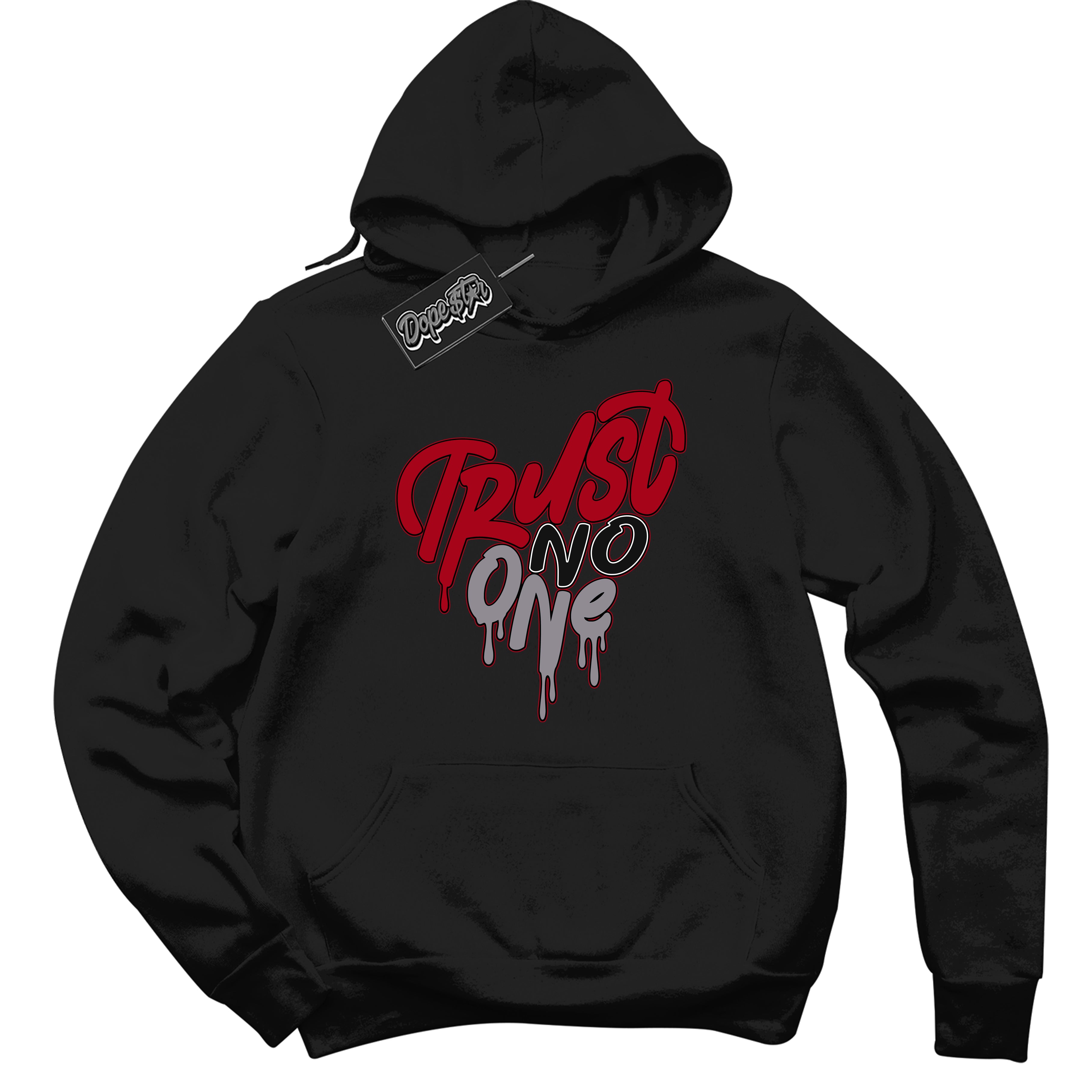 Cool Black Hoodie with “ Trust No One Heart ”  design that Perfectly Matches  Bred Reimagined 4s Jordans.