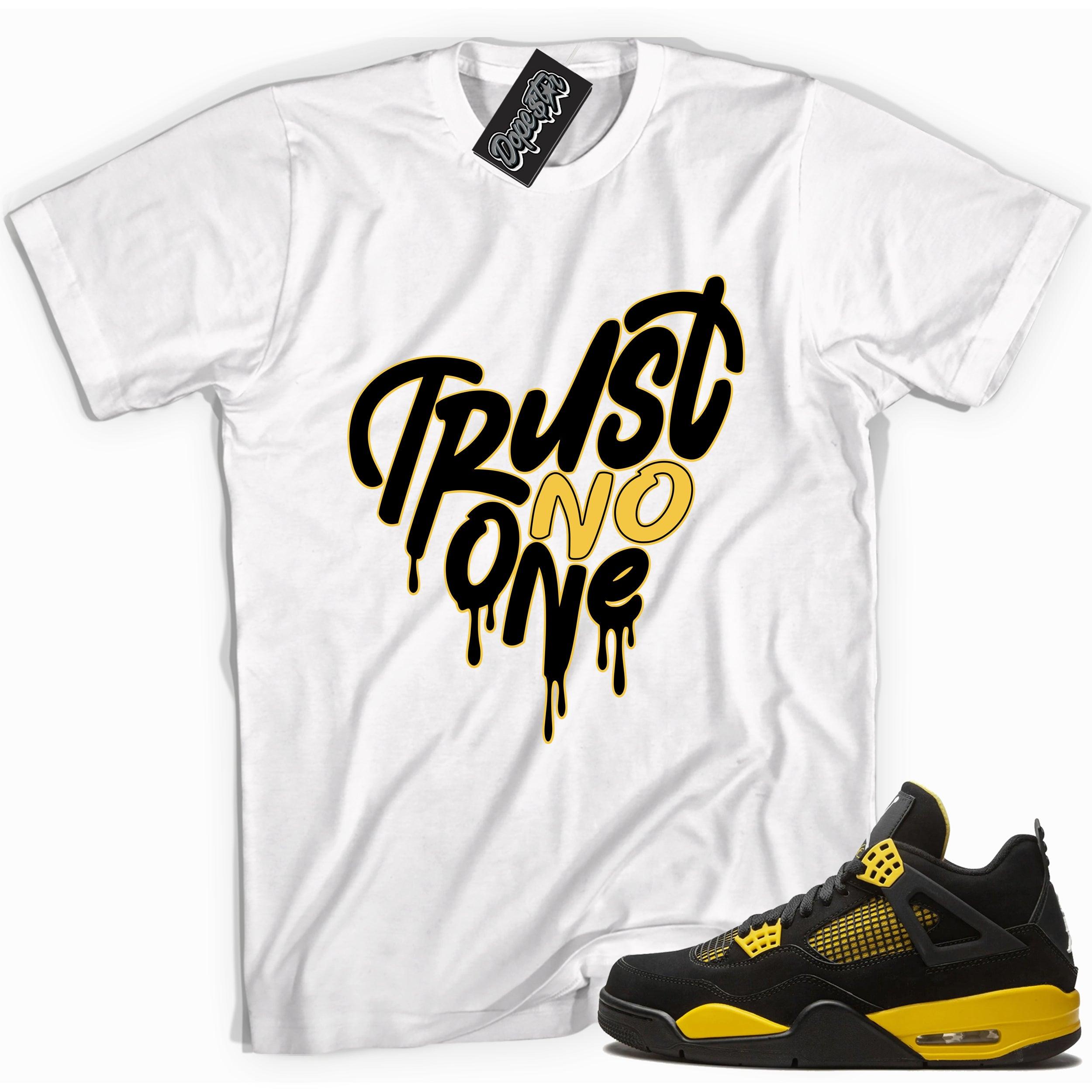 Cool white graphic tee with 'trust no one heart' print, that perfectly matches Air Jordan 4 Thunder sneakers