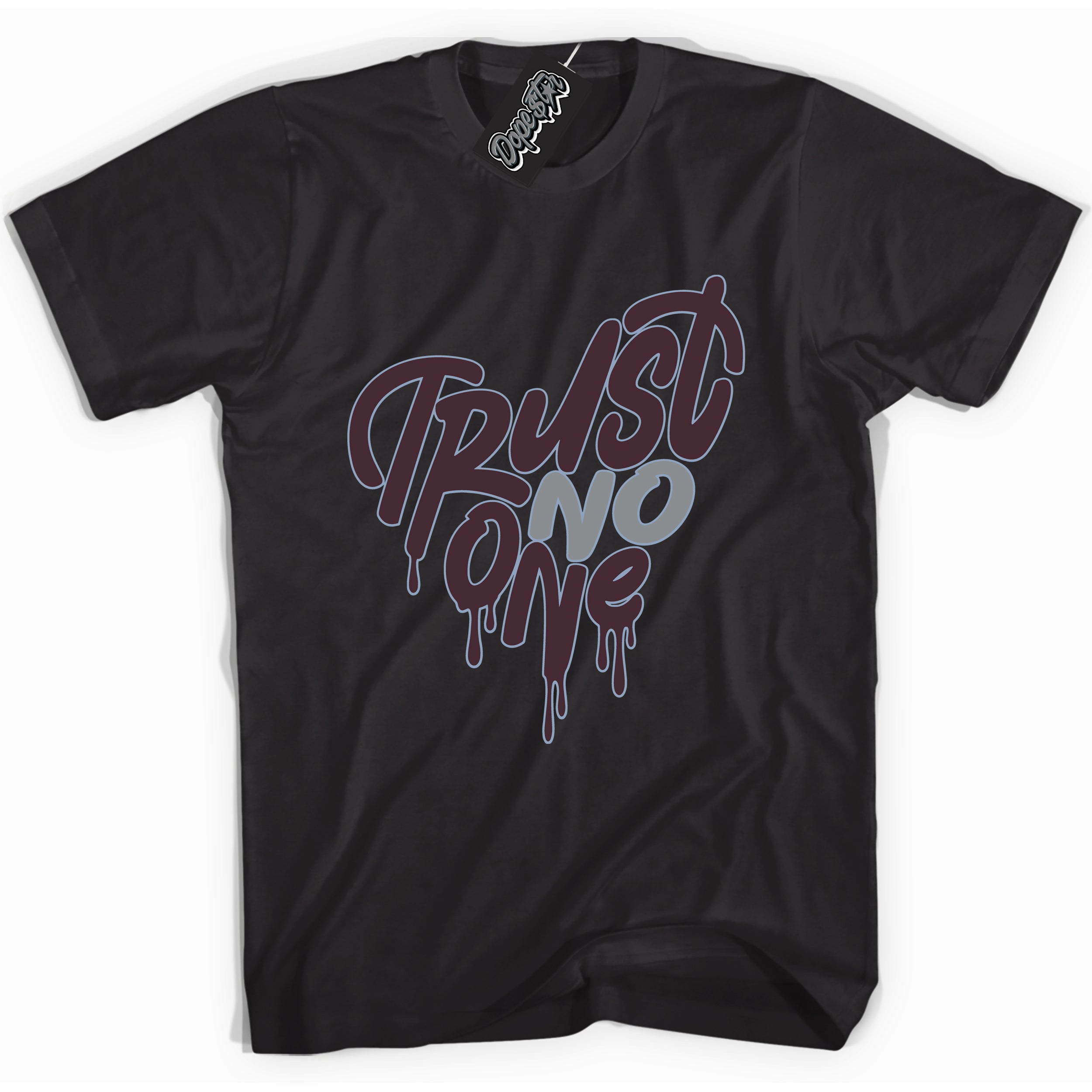 Cool Black Shirt with “ Trust No One Heart” design that perfectly matches Burgundy 5s Sneakers.