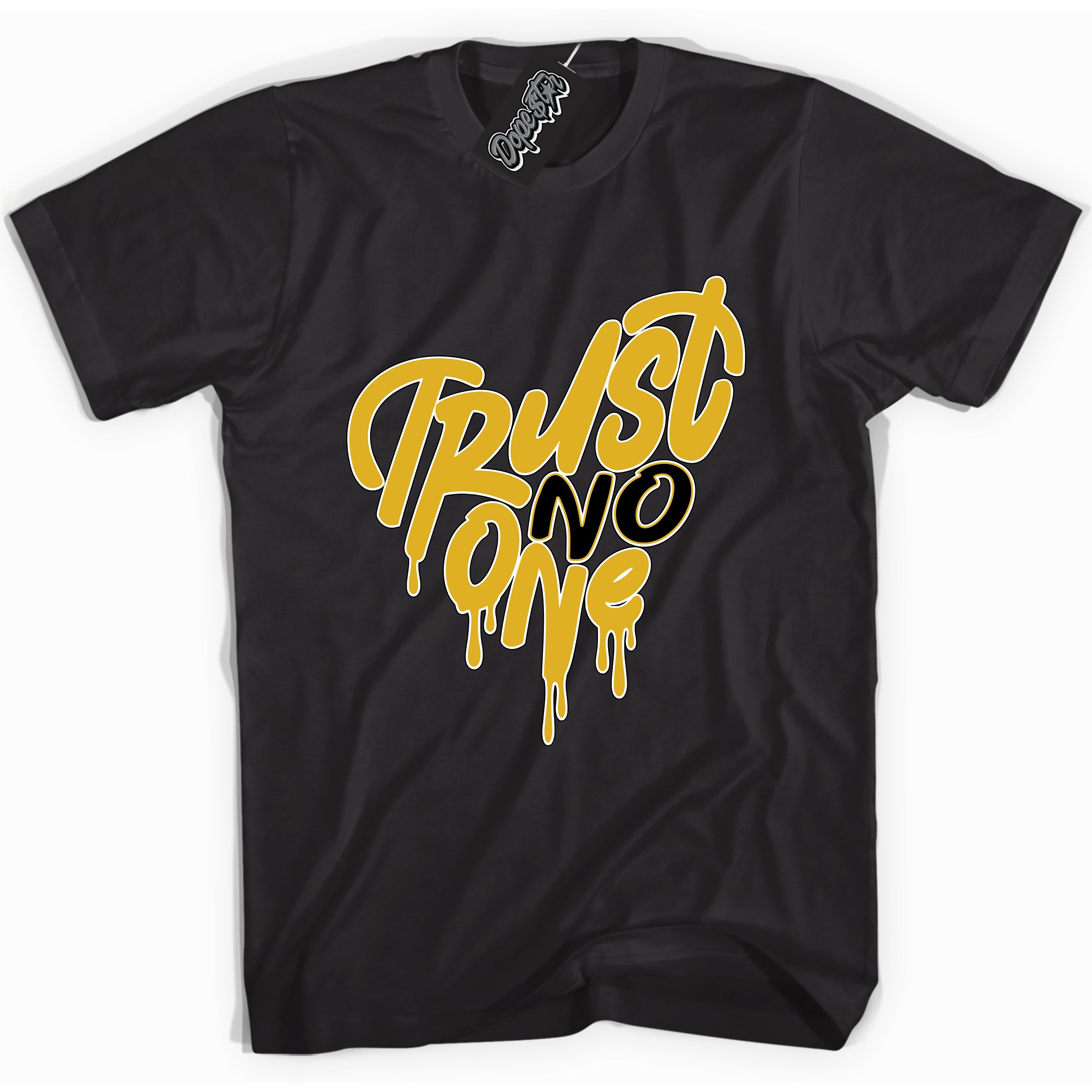 Cool Black Shirt with “ Trust No One Heart ” design that perfectly matches Yellow Ochre 6s Sneakers.