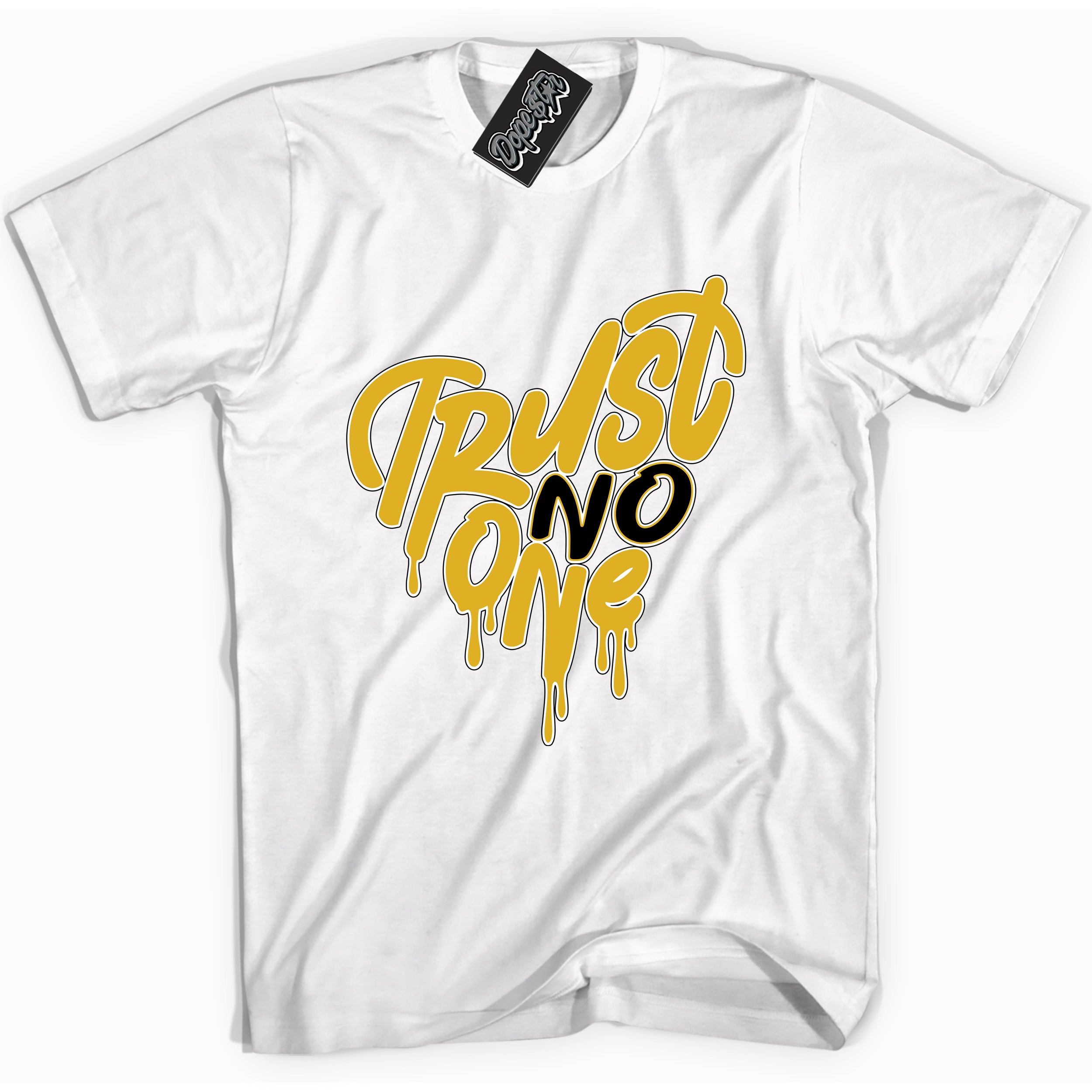 Cool White Shirt with “ Trust No One Heart” design that perfectly matches Yellow Ochre 6s Sneakers.