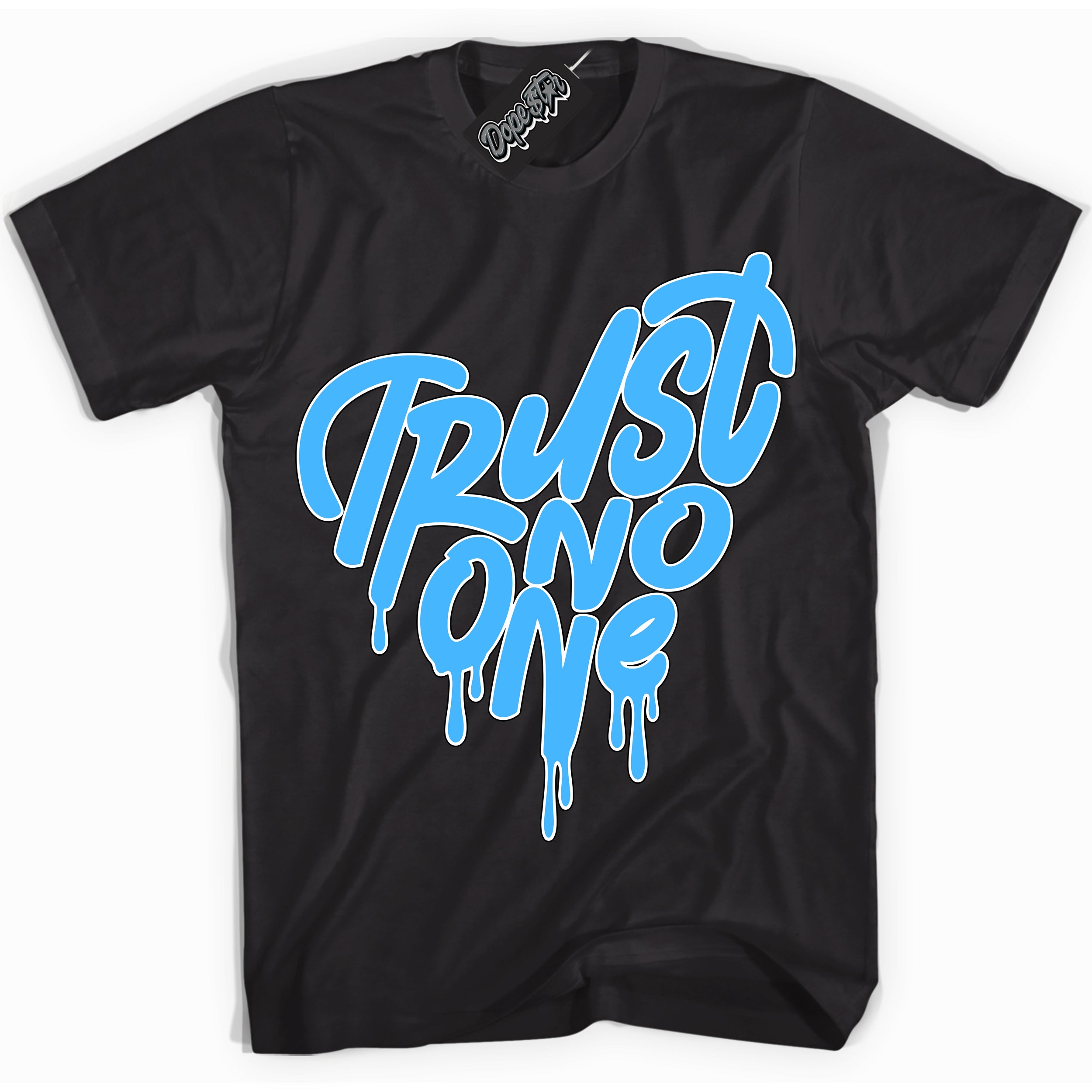 Cool Black graphic tee with “ Trust No One Heart ” design, that perfectly matches Powder Blue 9s sneakers 