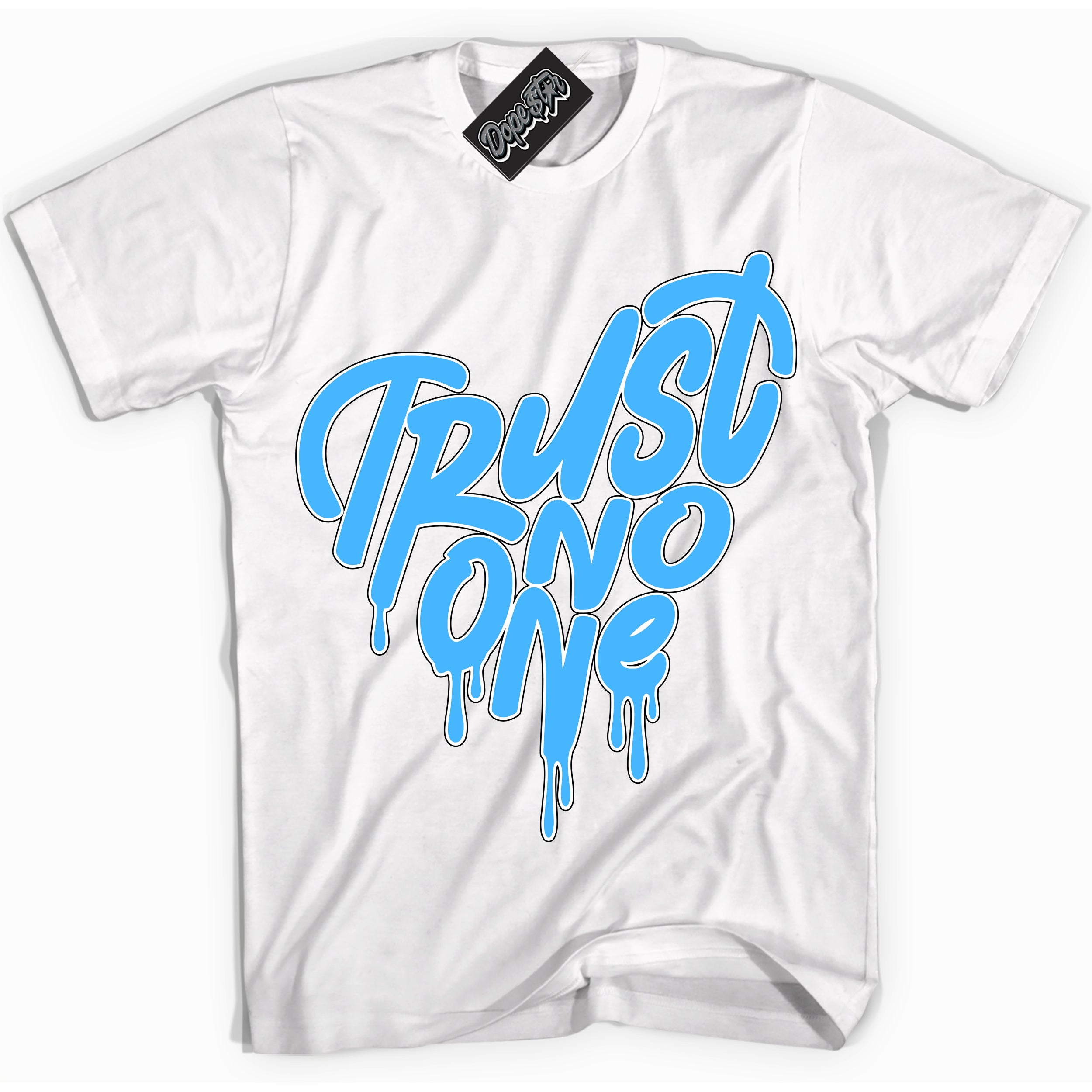 Cool White graphic tee with “ Trust No One Heart ” design, that perfectly matches Powder Blue 9s sneakers 