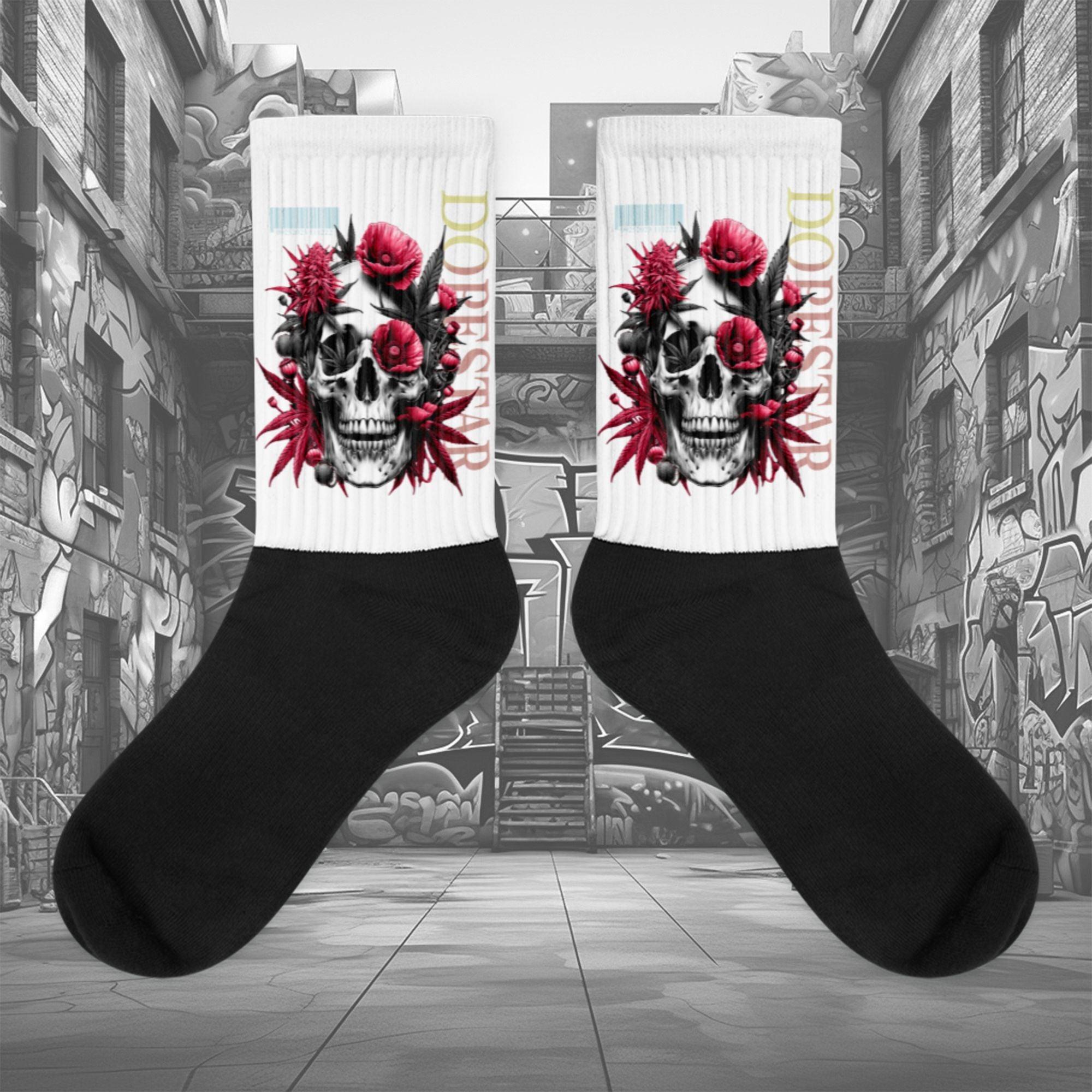  Showcases the view of the socks, highlighting the vibrant 'Skull Cannabis Poppies' design, which perfectly complements the Air Jordan 1 Retro High OG Next Chapter Spider-Verse sneakers. The intricate pattern and color scheme inspired by the Spider-Verse theme are prominently displayed.  Focusing on the ribbed leg , cusioned bottoms and the snug fit of the socks. This angle provides a clear view of the texture and quality of the material blend.