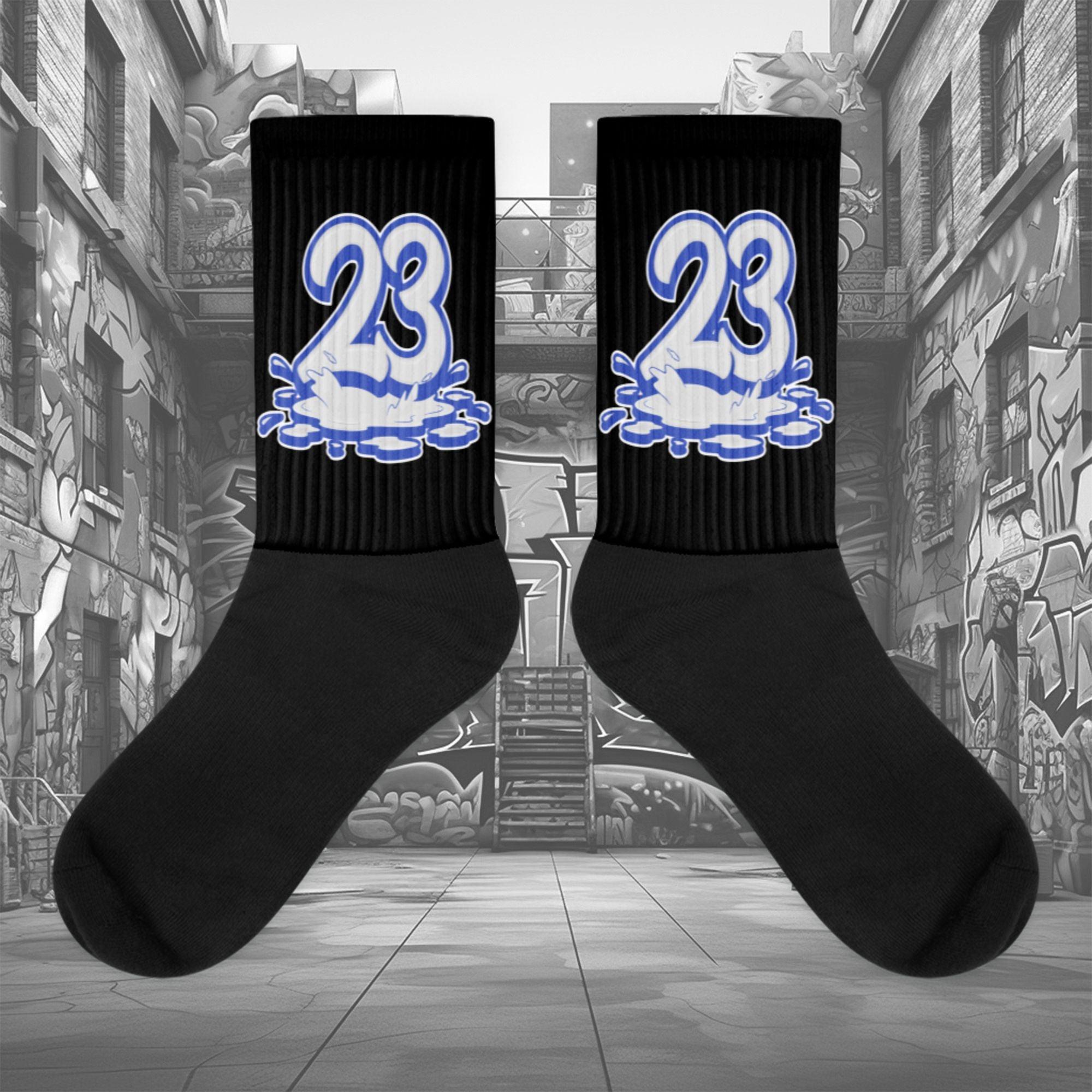  Showcases the view of the socks, highlighting the vibrant ' MEDUSA ' design, which perfectly complements the Nike Dunk Disrupt 2 Hyper Royal sneakers. The intricate pattern and color scheme inspired by the  theme are prominently displayed.  Focusing on the ribbed leg , cusioned bottoms and the snug fit of the socks. This angle provides a clear view of the texture and quality of the material blend.