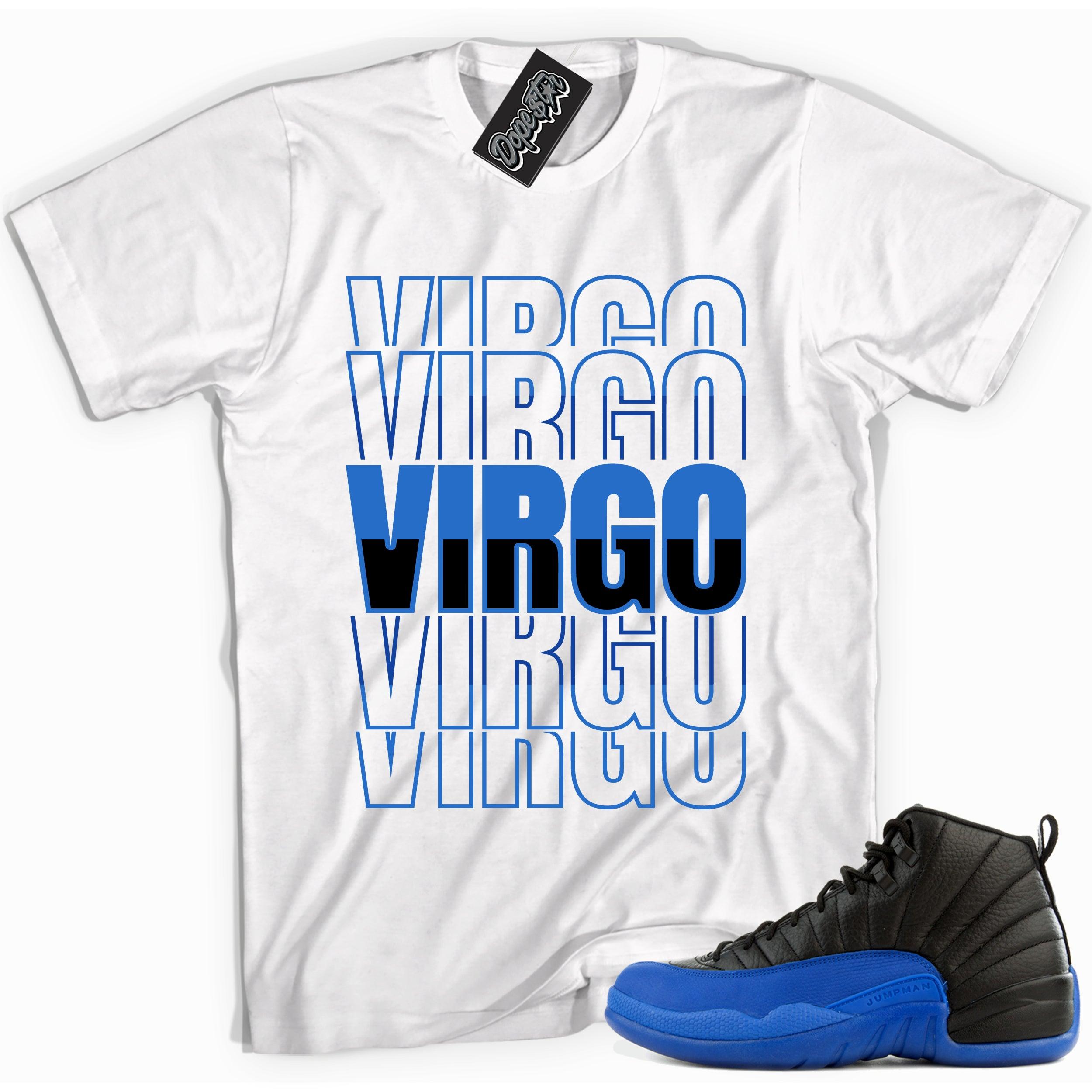 Cool white graphic tee with 'virgo' print, that perfectly matches Air Jordan 12 Retro Black Game Royal sneakers.