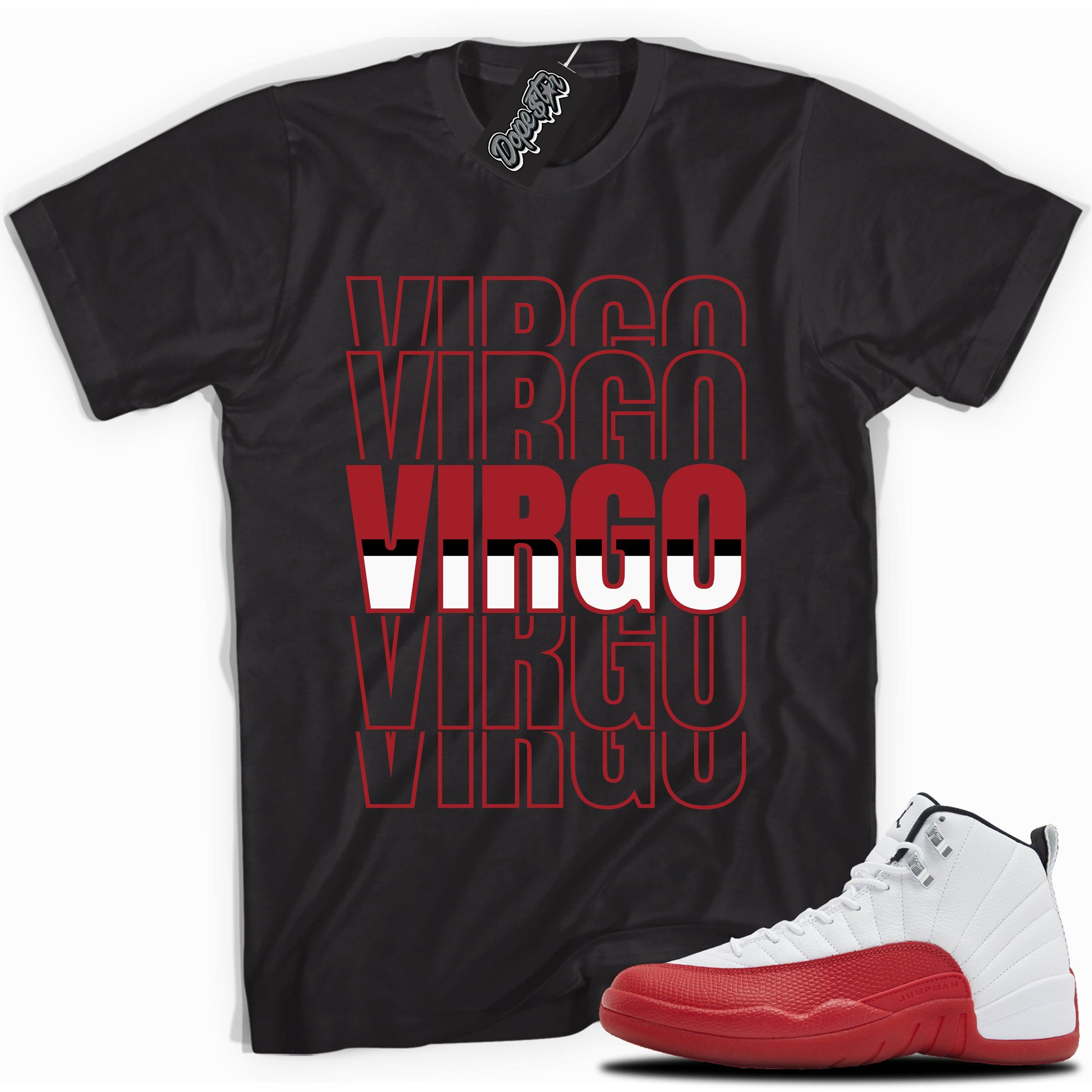 Cool black graphic tee with “VIRGO” print, that perfectly matches Air Jordan 12 Retro Cherry Red 2023 red and white sneakers 