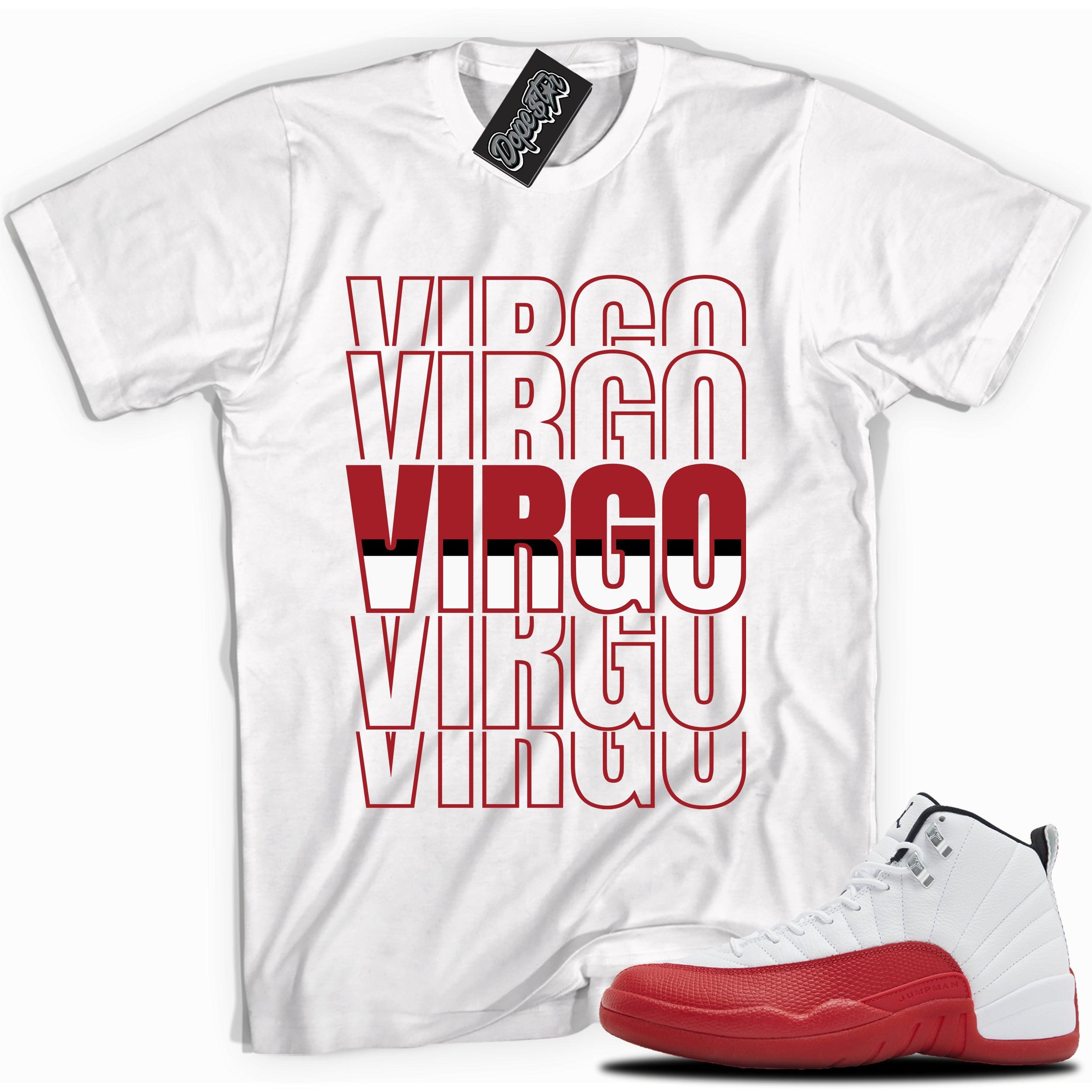 Cool White graphic tee with “VIRGO” print, that perfectly matches Air Jordan 12 Retro Cherry Red 2023 red and white sneakers 