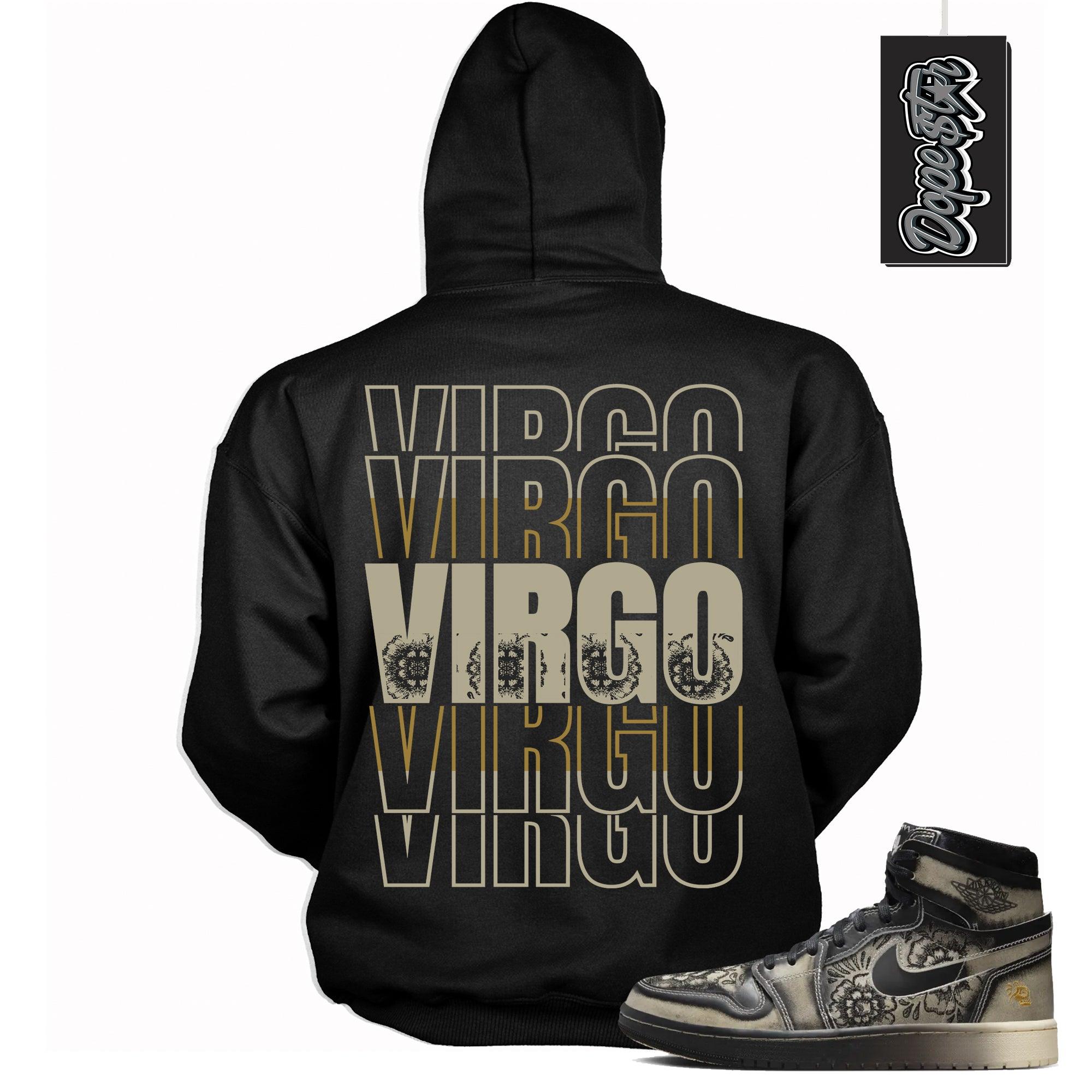 Cool Black Graphic Hoodie with “ VIRGO “ print, that perfectly matches Air Jordan 1 High Zoom Comfort 2 Dia de Muertos Black and Pale Ivory sneakers