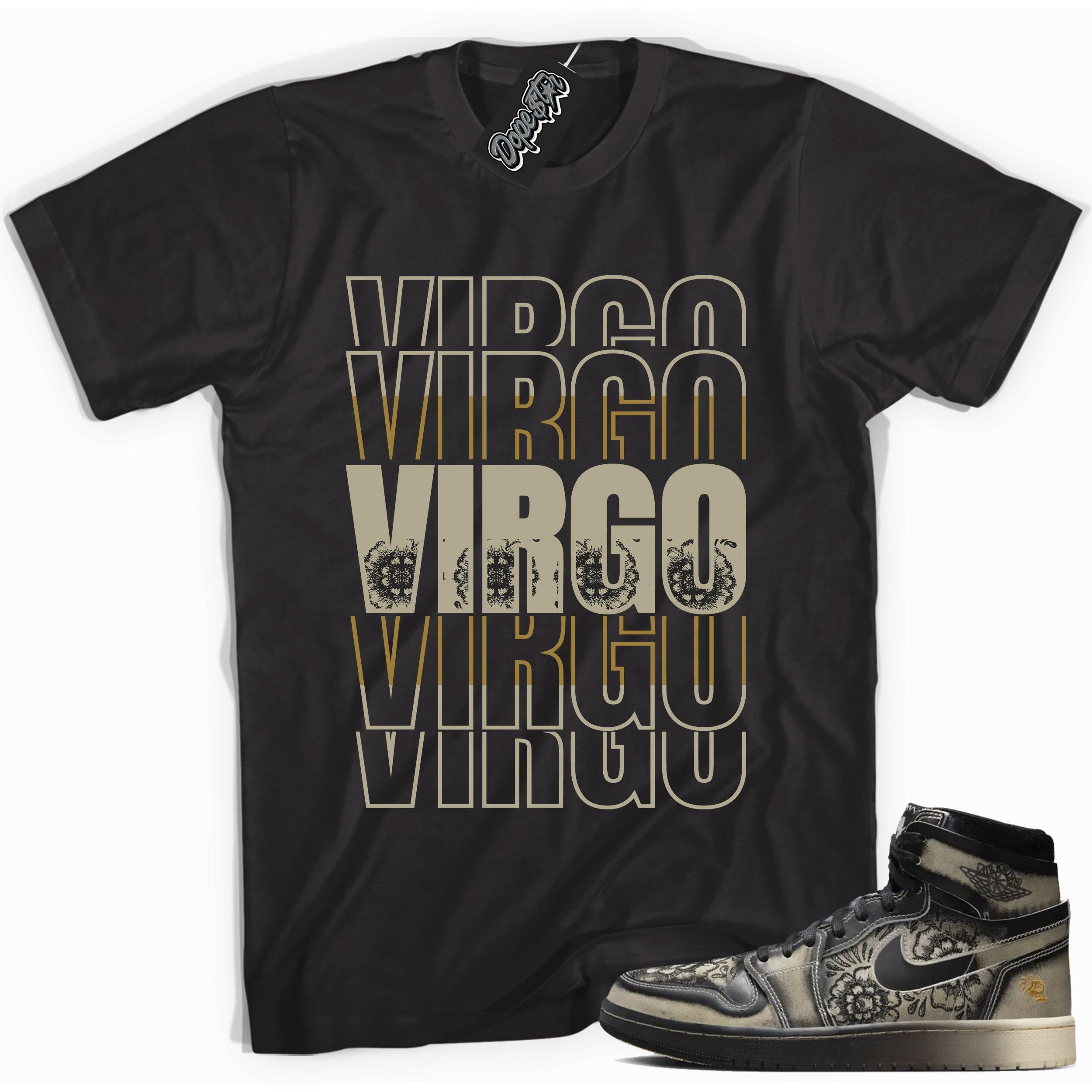 Cool Black graphic tee with “ VIRGO ” print, that perfectly matches Air Jordan 1 High Zoom Comfort 2 Dia de Muertos Black and Pale Ivory sneakers 
