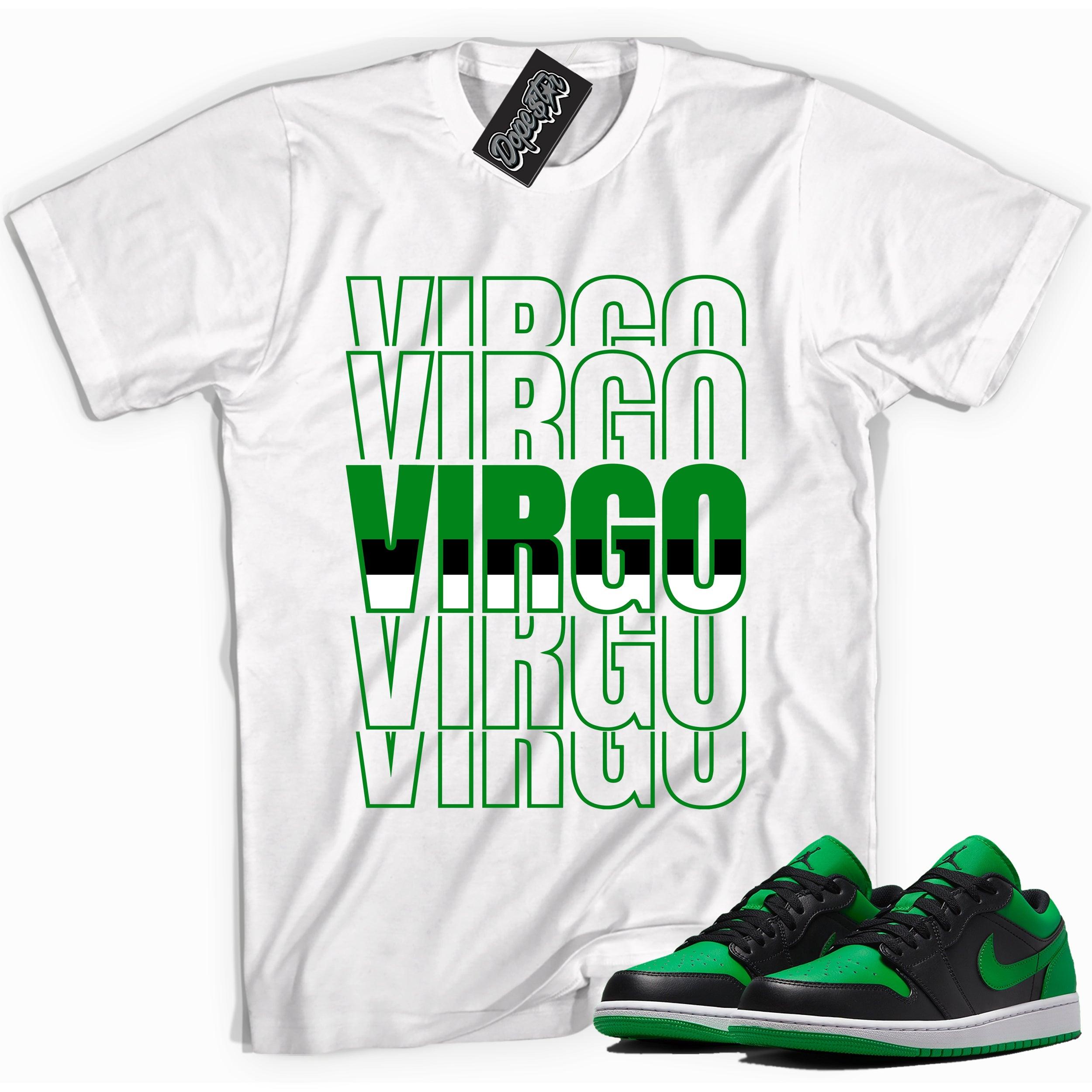 Cool white graphic tee with 'virgo' print, that perfectly matches Air Jordan 1 Low Lucky Green sneakers
