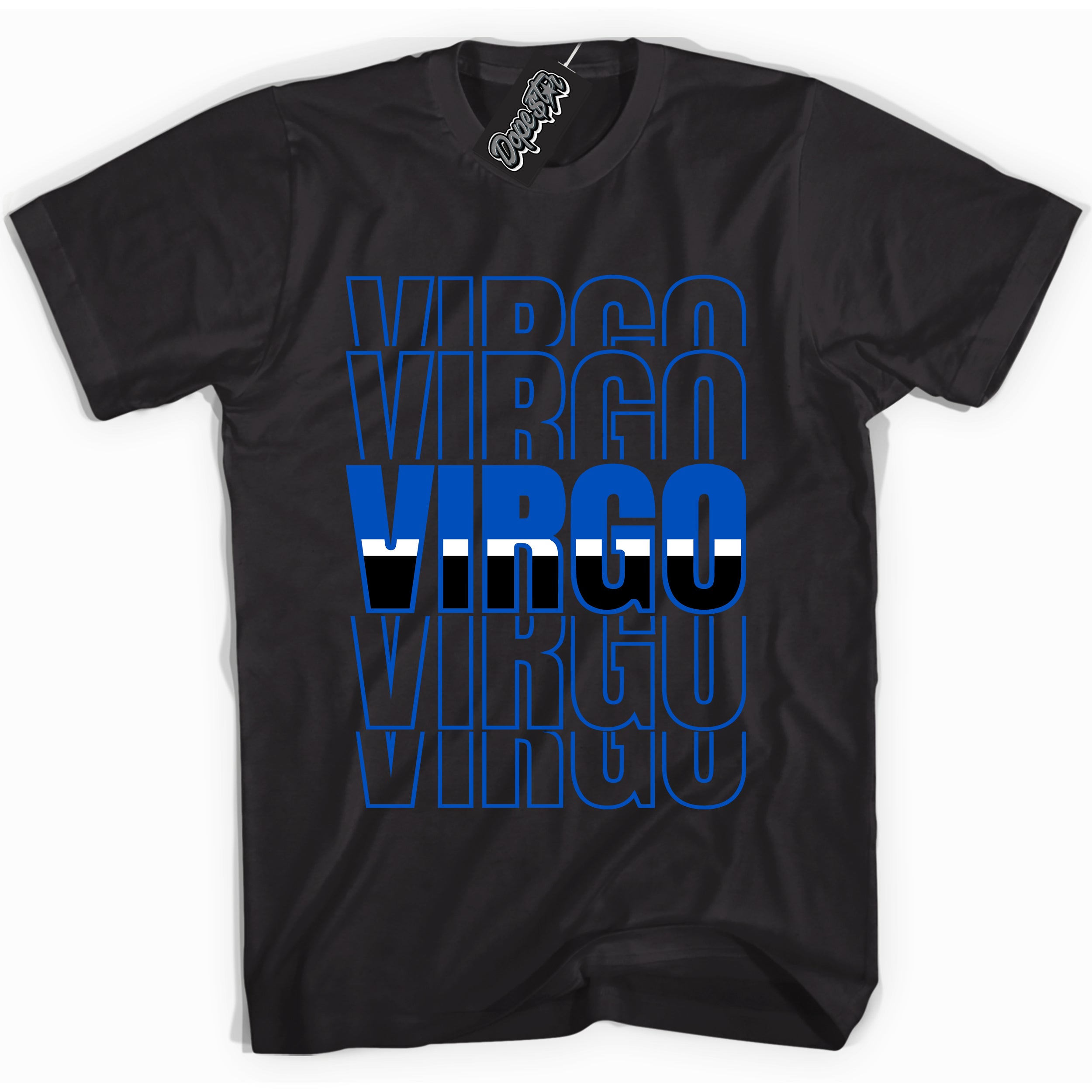 Cool Black graphic tee with "Virgo" design, that perfectly matches Royal Reimagined 1s sneakers 