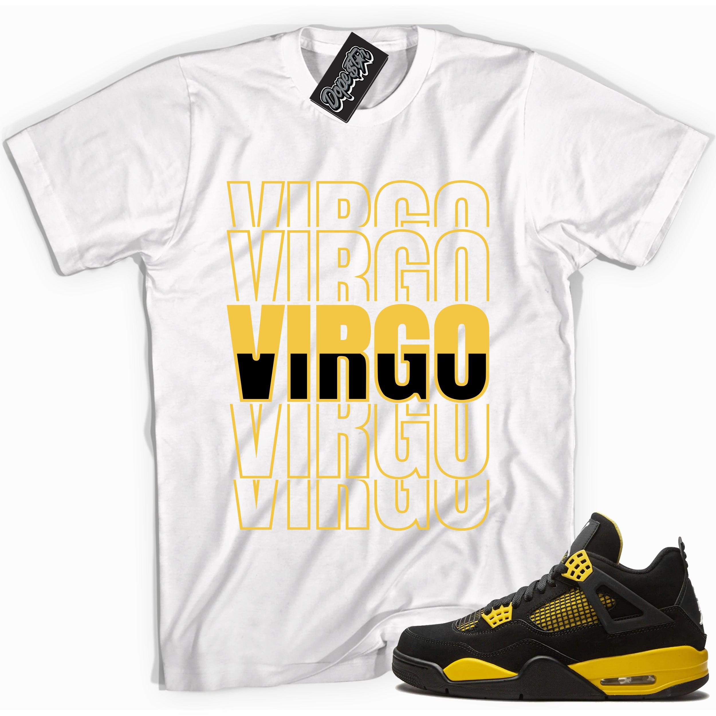 Cool white graphic tee with 'virgo' print, that perfectly matches Air Jordan 4 Thunder sneakers