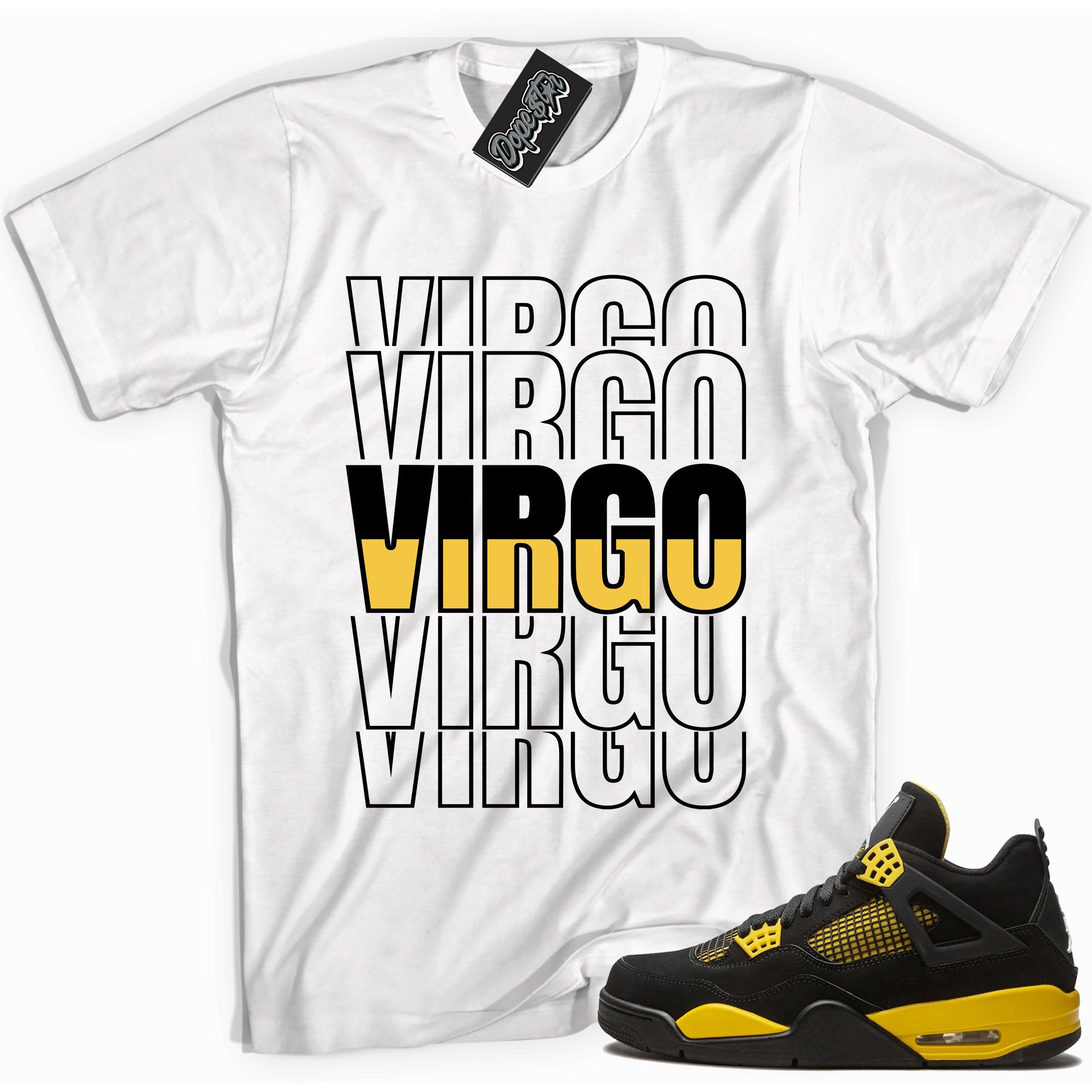 Cool white graphic tee with 'virgo' print, that perfectly matches Air Jordan 4 Thunder sneakers