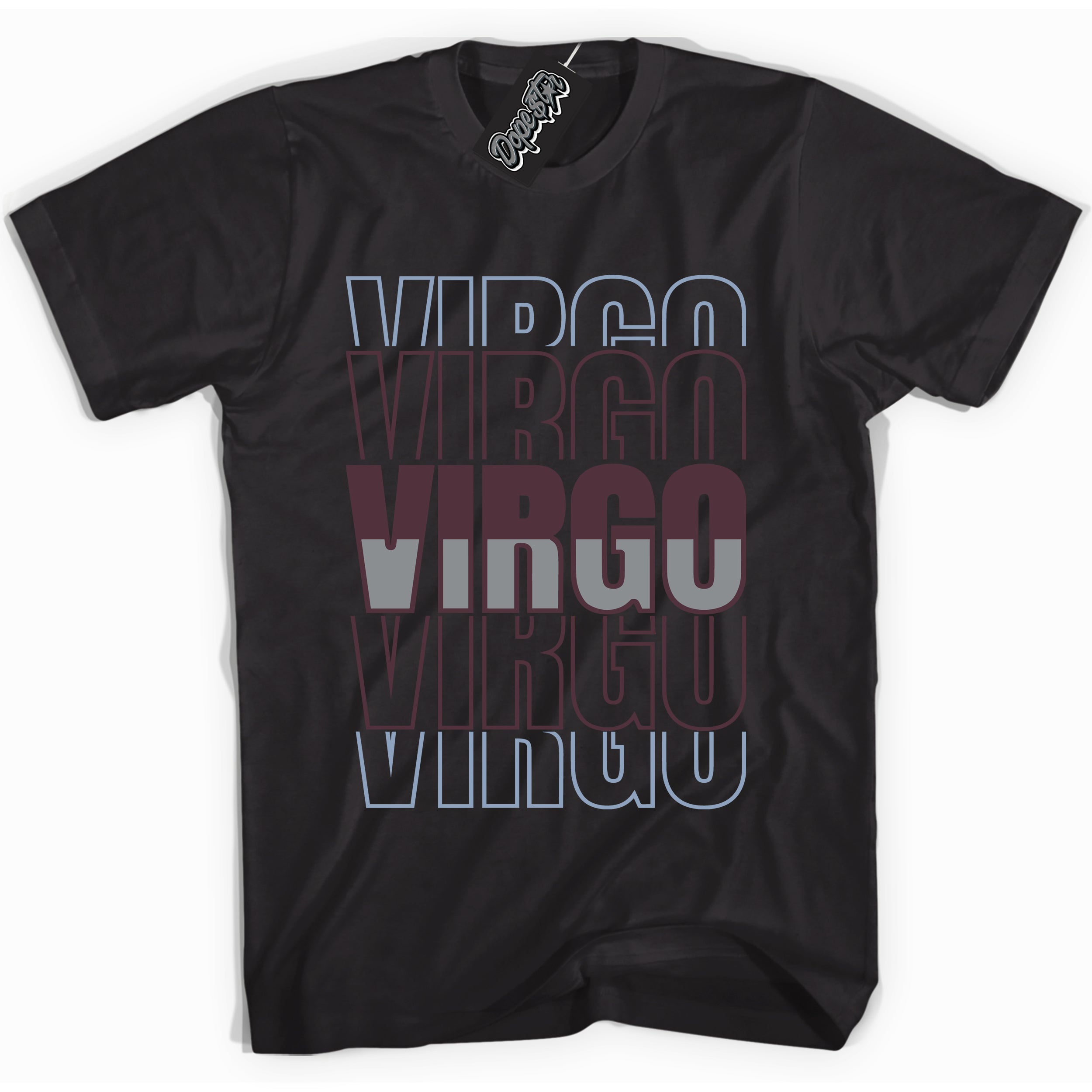 Cool Black Shirt with “ Virgo” design that perfectly matches Burgundy 5s Sneakers.