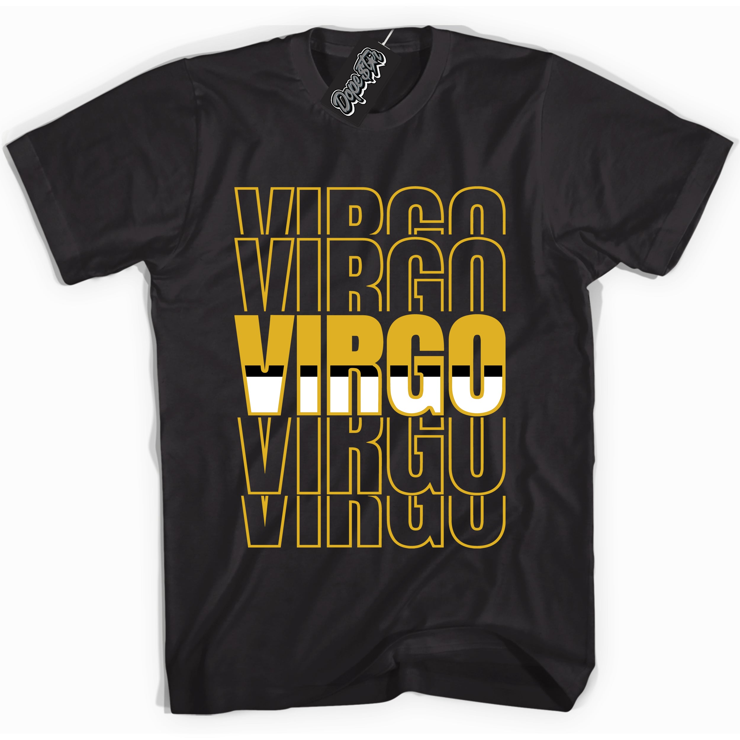 Cool black Shirt with “ Virgo” design that perfectly matches Yellow Ochre 6s Sneakers.