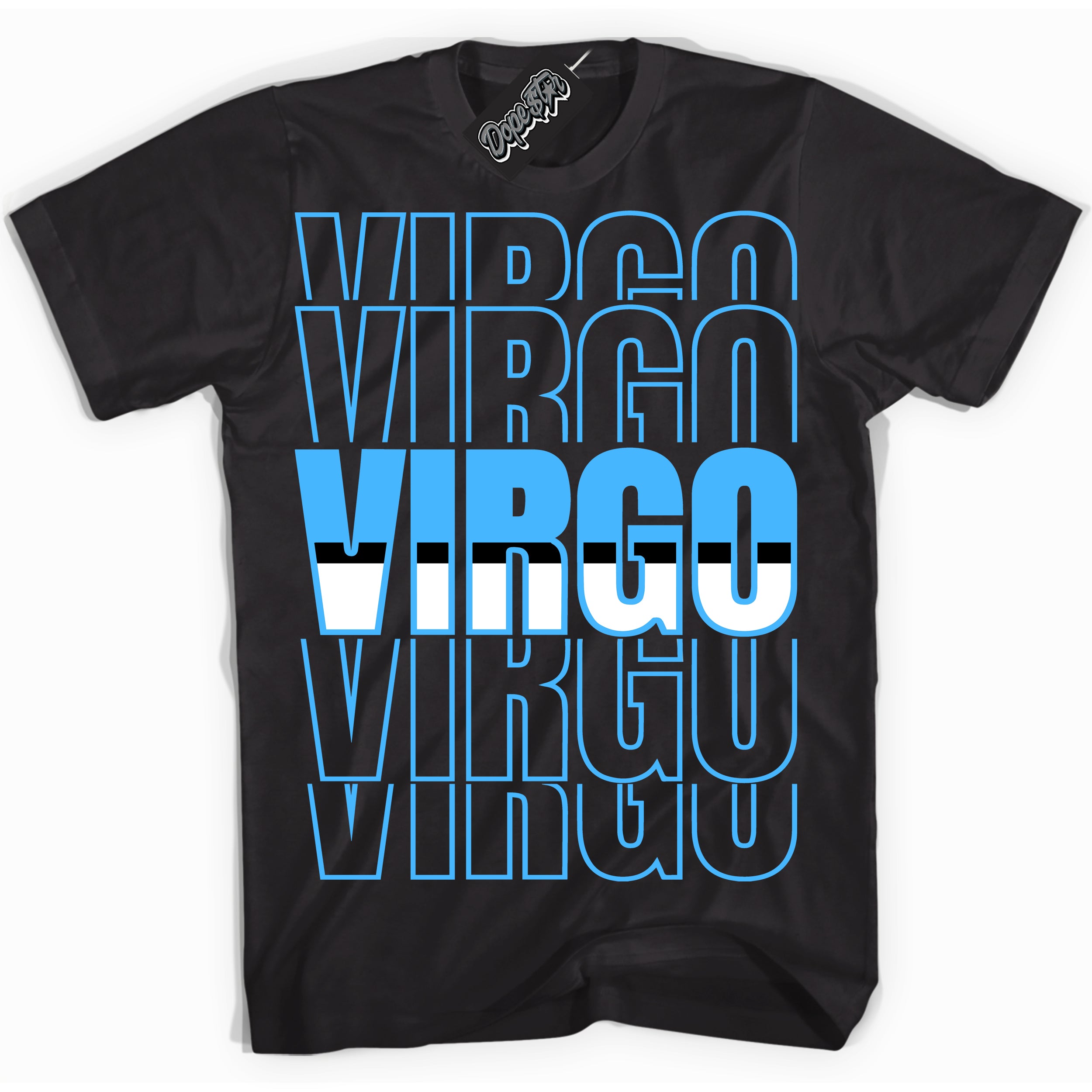 Cool Black graphic tee with “ Virgo ” design, that perfectly matches Powder Blue 9s sneakers 