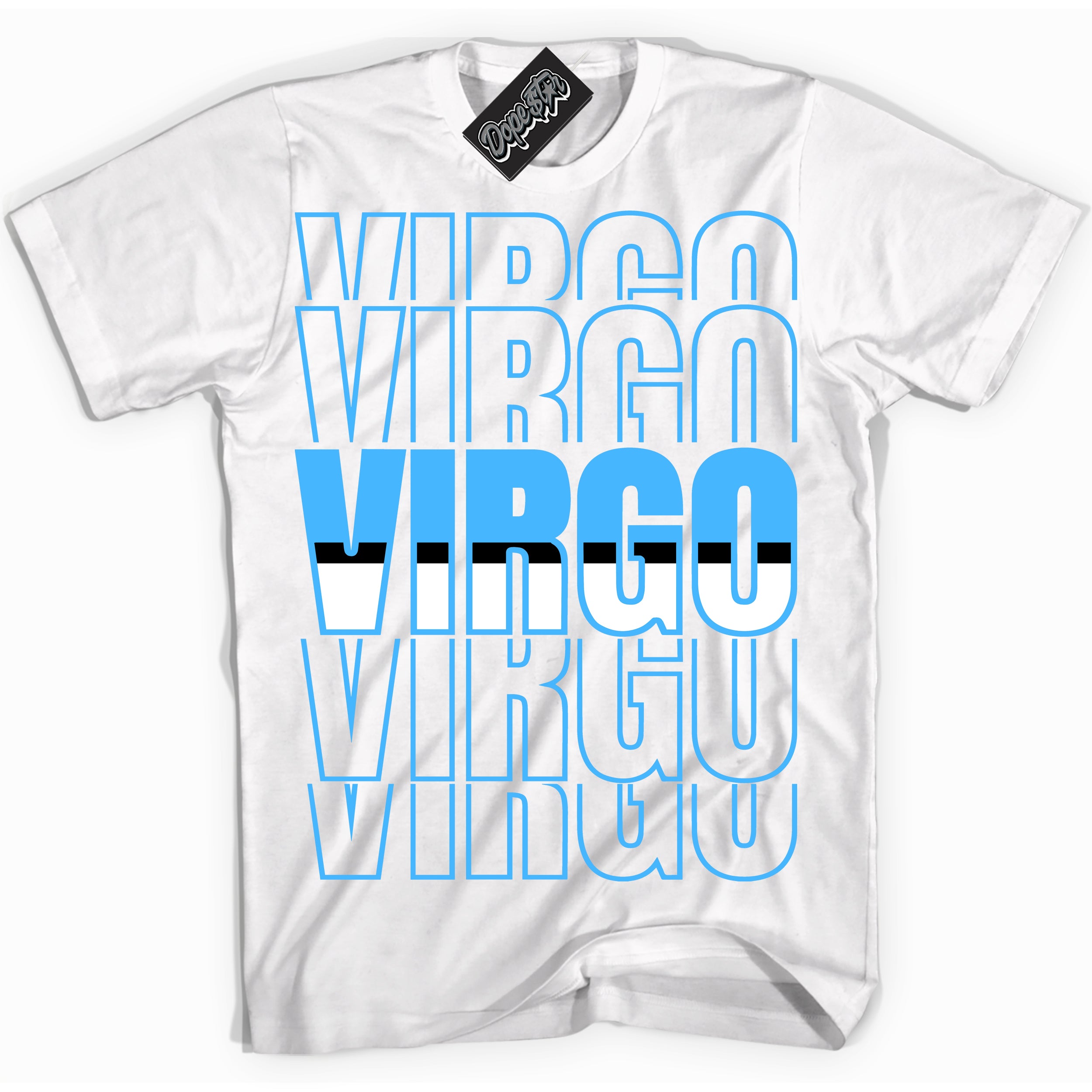 Cool White graphic tee with “ Virgo ” design, that perfectly matches Powder Blue 9s sneakers 