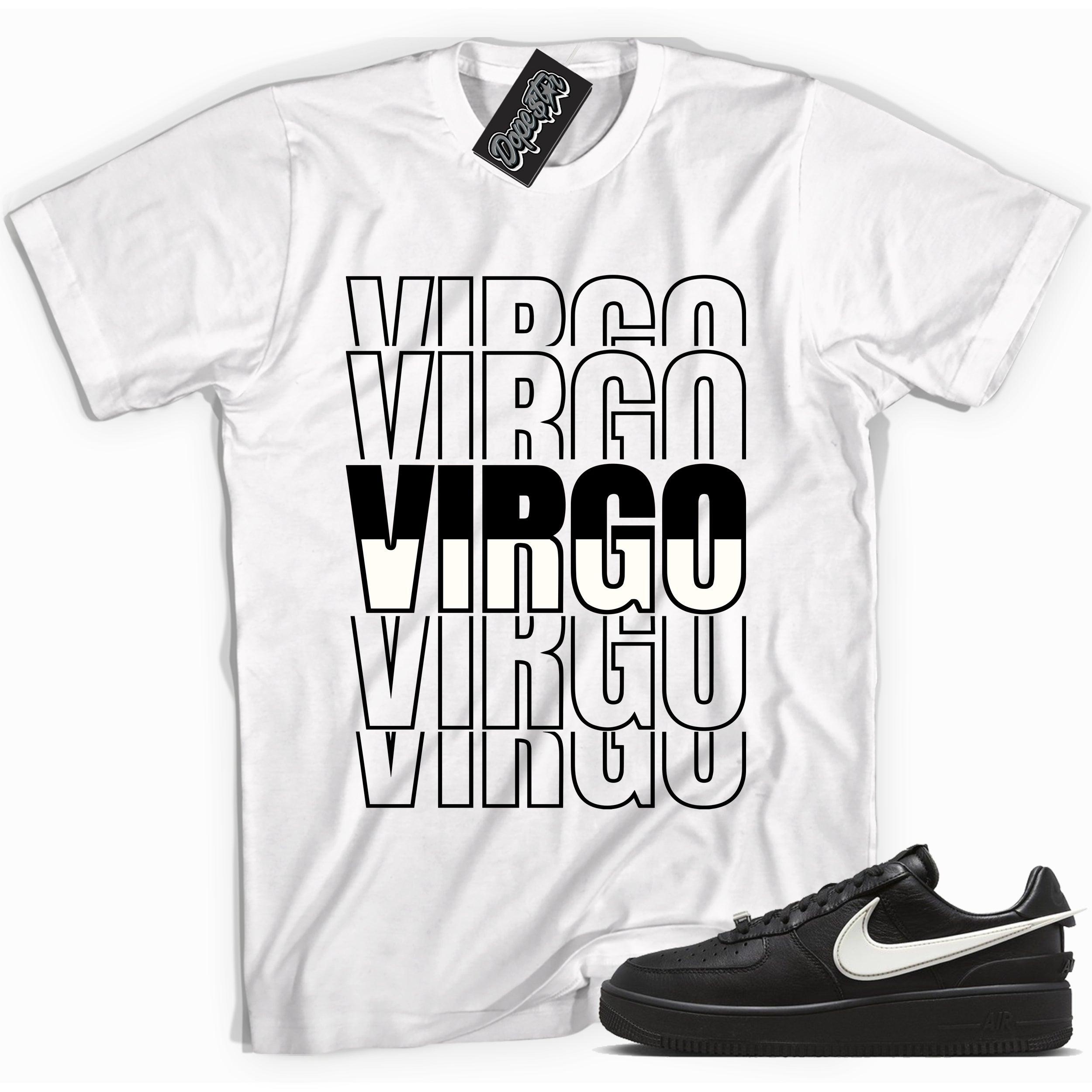 Cool white graphic tee with 'virgo' print, that perfectly matches Nike Air Force 1 Low SP Ambush Phantom sneakers.