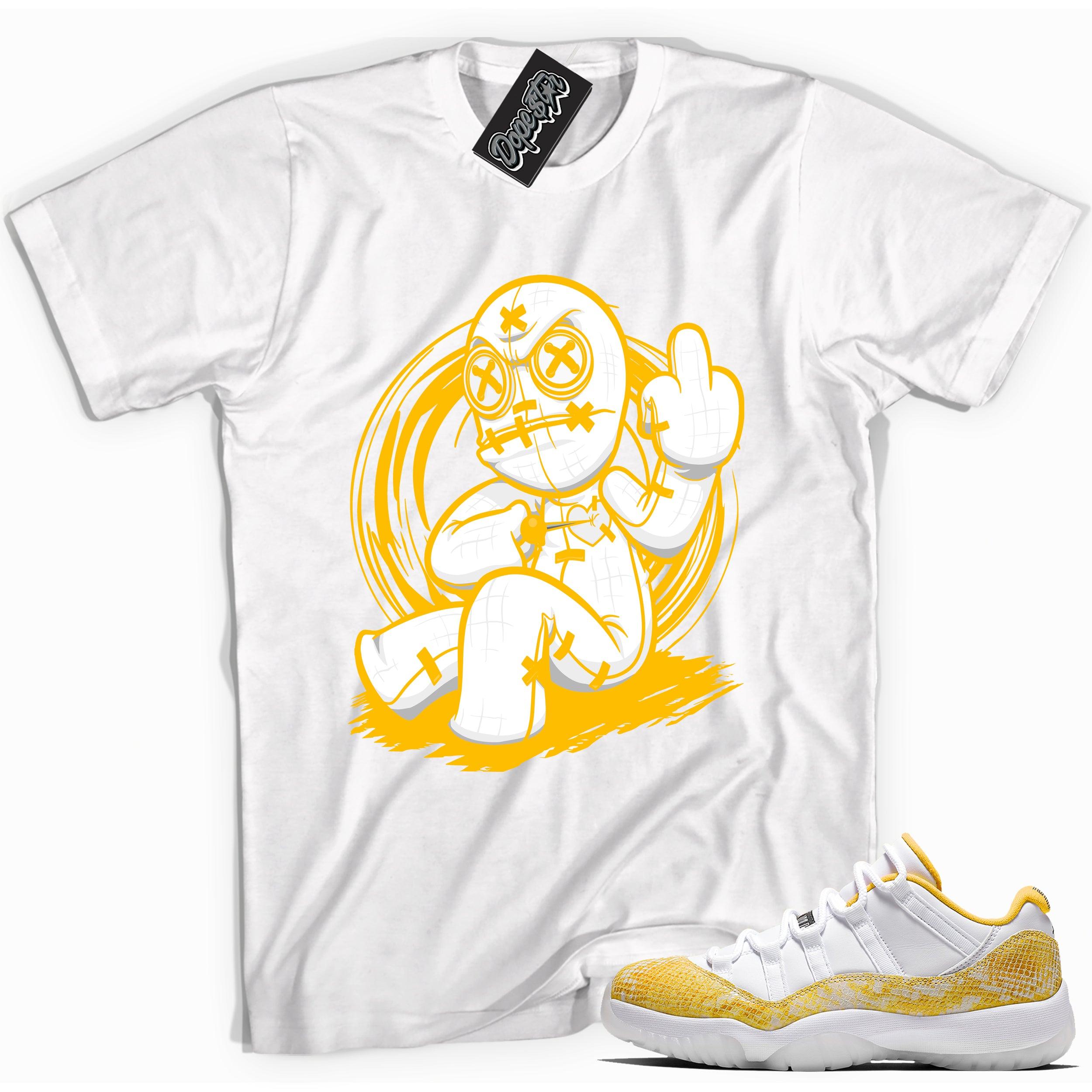 Cool white graphic tee with 'voodoo doll' print, that perfectly matches Air Jordan 11 Retro Low Yellow Snakeskin sneakers