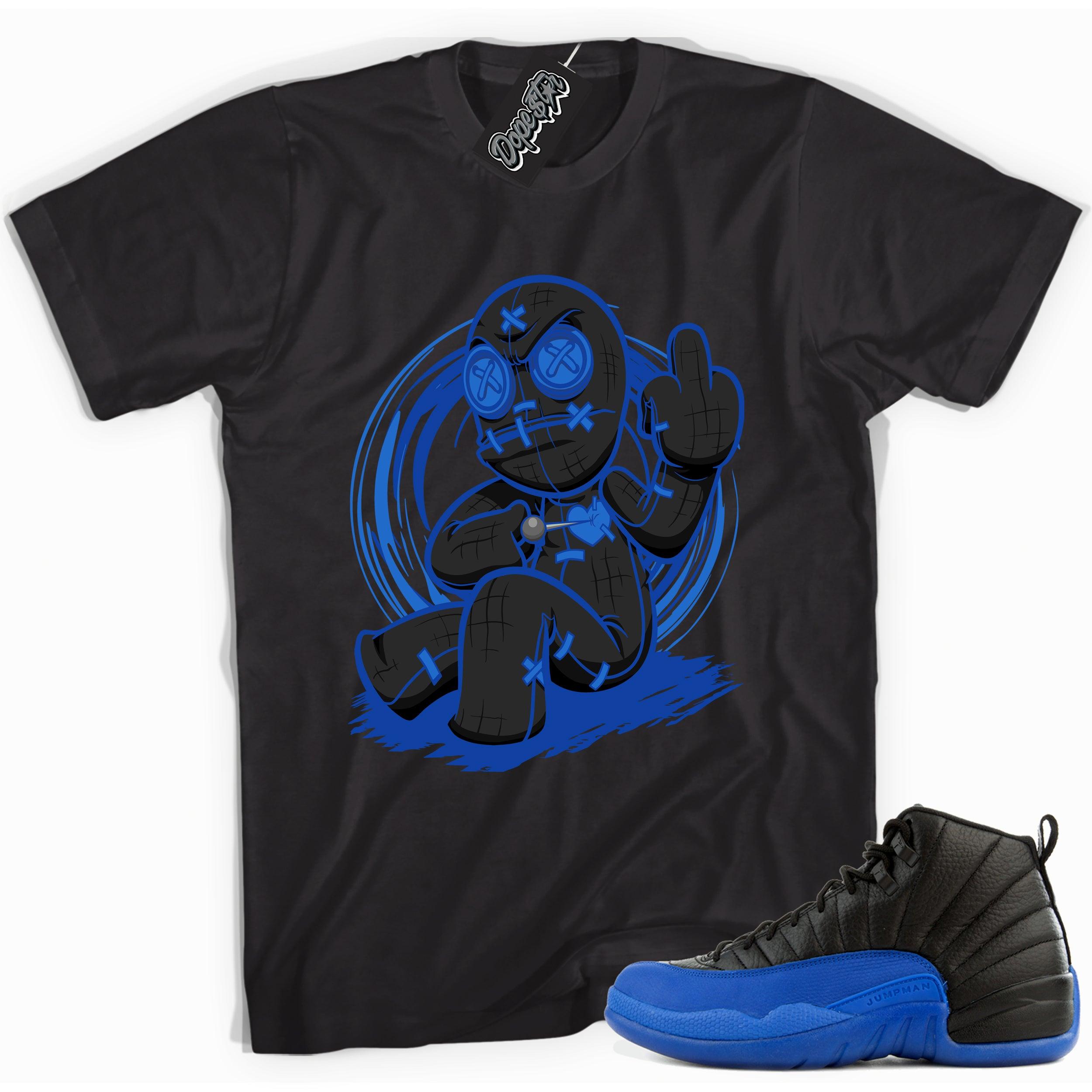 Cool black graphic tee with 'voodoo' print, that perfectly matches  Air Jordan 12 Retro Black Game Royal sneakers.