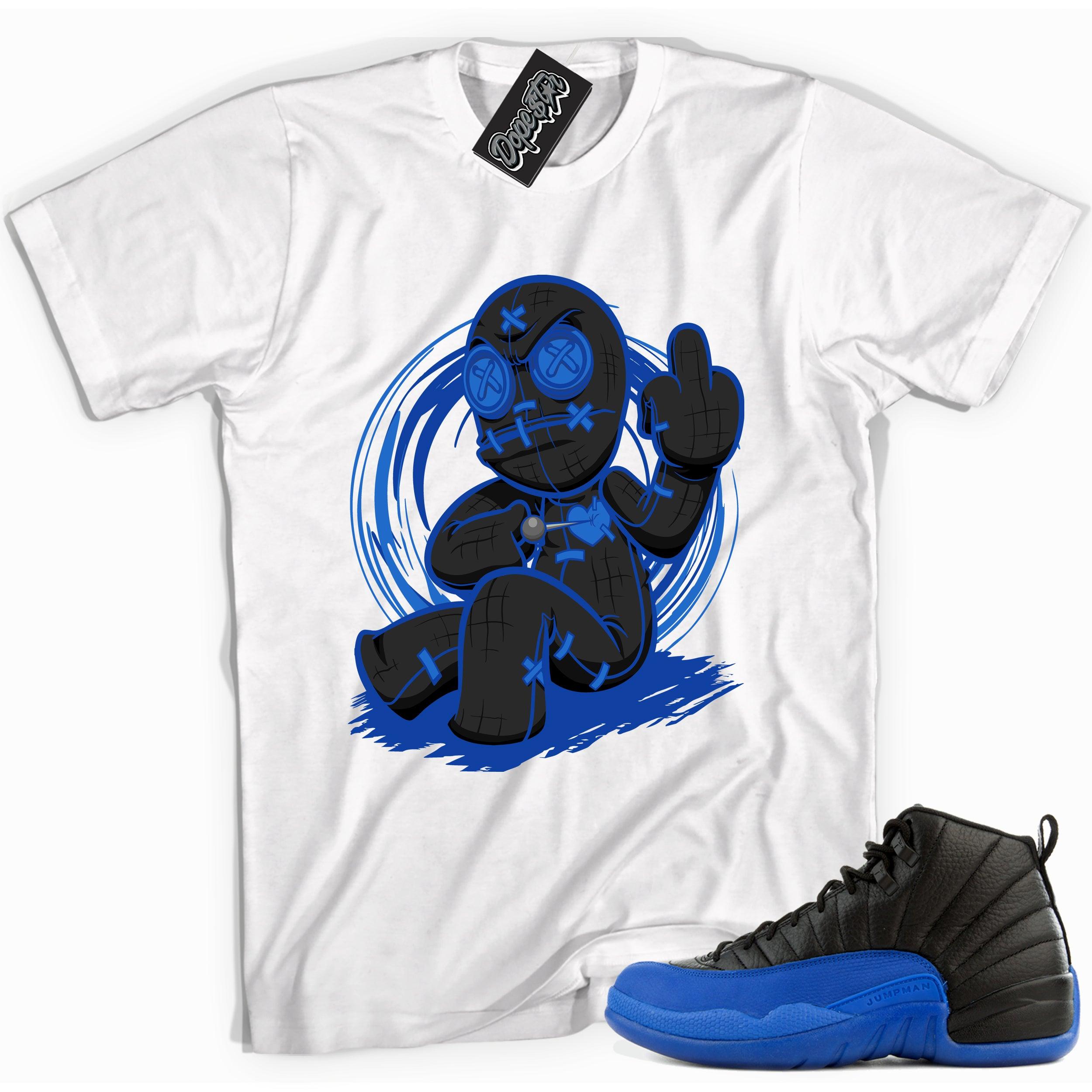 Cool white graphic tee with 'voodoo' print, that perfectly matches Air Jordan 12 Retro Black Game Royal sneakers.