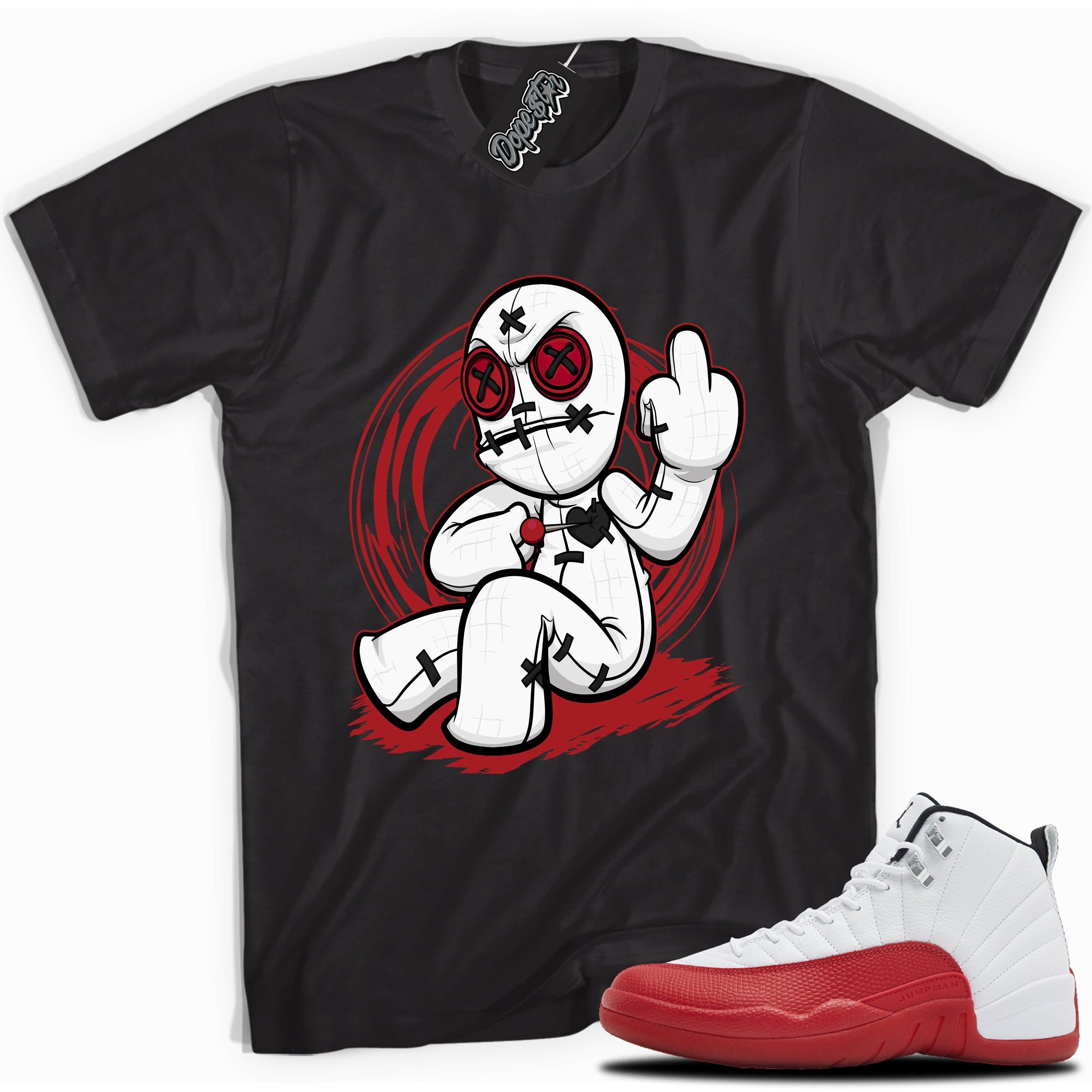 Cool Black graphic tee with “VooDoo Doll” print, that perfectly matches Air Jordan 12 Retro Cherry Red 2023 red and white sneakers 