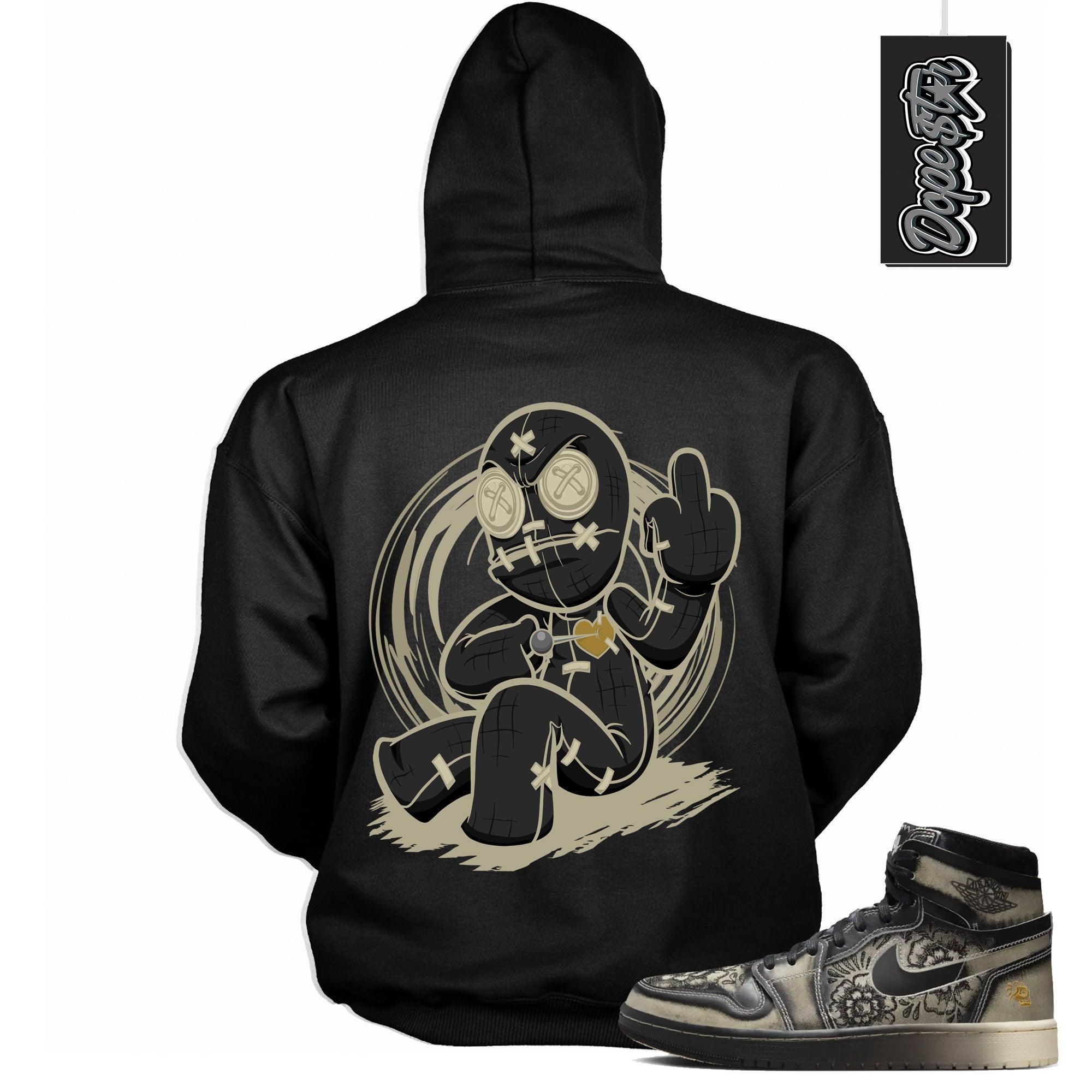 Cool Black Graphic Hoodie with “ VooDoo Doll “ print, that perfectly matches Air Jordan 1 High Zoom Comfort 2 Dia de Muertos Black and Pale Ivory sneakers