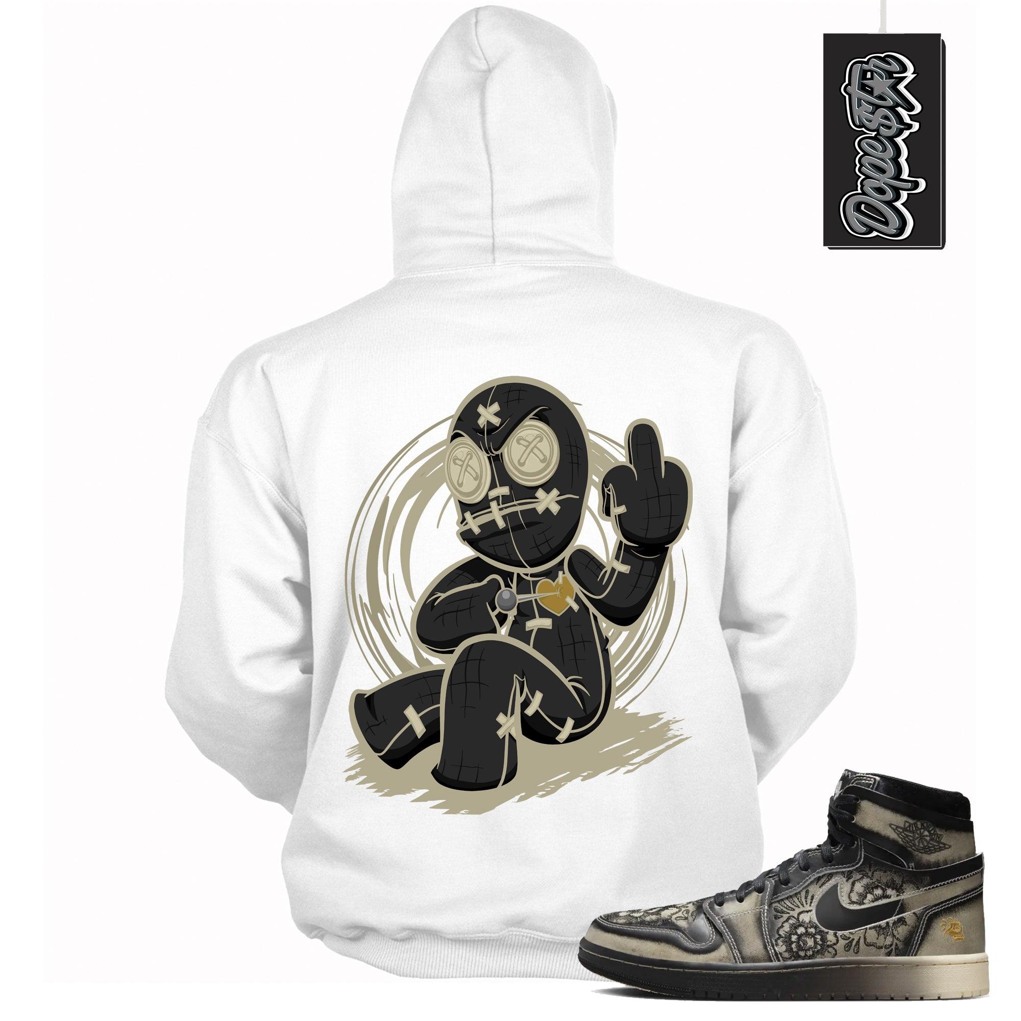 Cool White Graphic Hoodie with “ VooDoo Doll “ print, that perfectly matches Air Jordan 1 High Zoom Comfort 2 Dia de Muertos Black and Pale Ivory sneakers