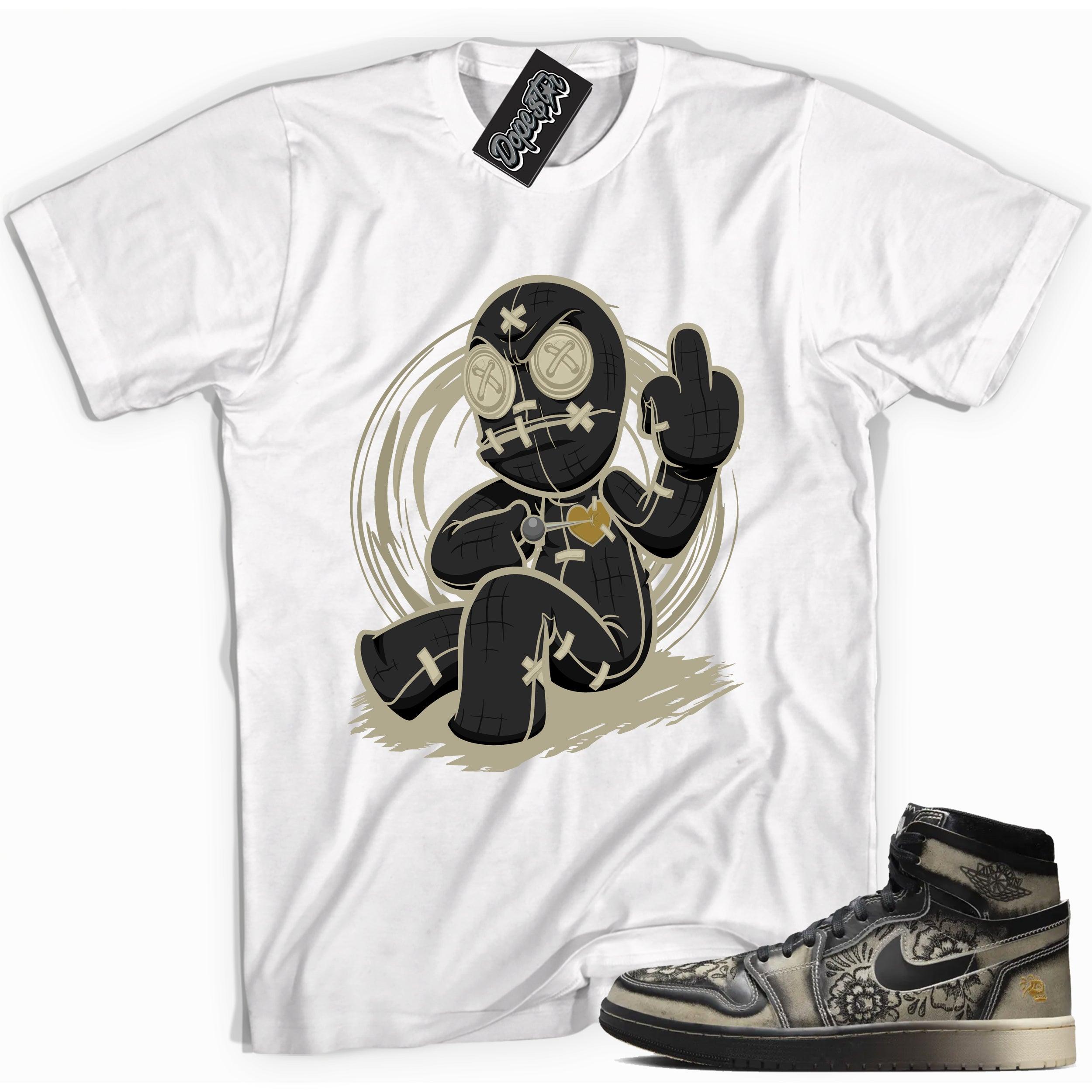 Cool White graphic tee with “ VooDoo Doll ” print, that perfectly matches Air Jordan 1 High Zoom Comfort 2 Dia de Muertos Black and Pale Ivory sneakers 