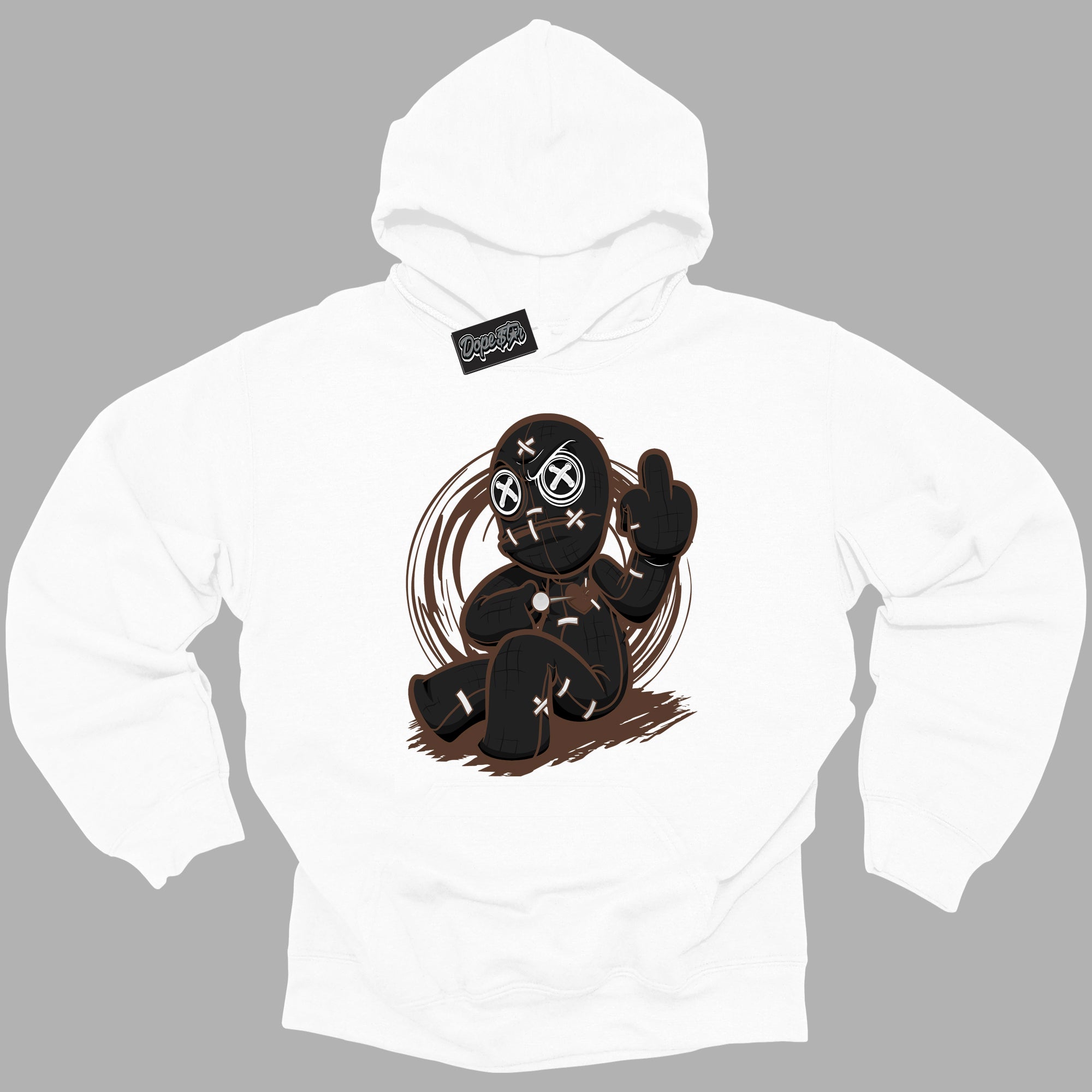 Cool White Graphic DopeStar Hoodie with “ VooDoo Doll “ print, that perfectly matches Palomino 1s sneakers