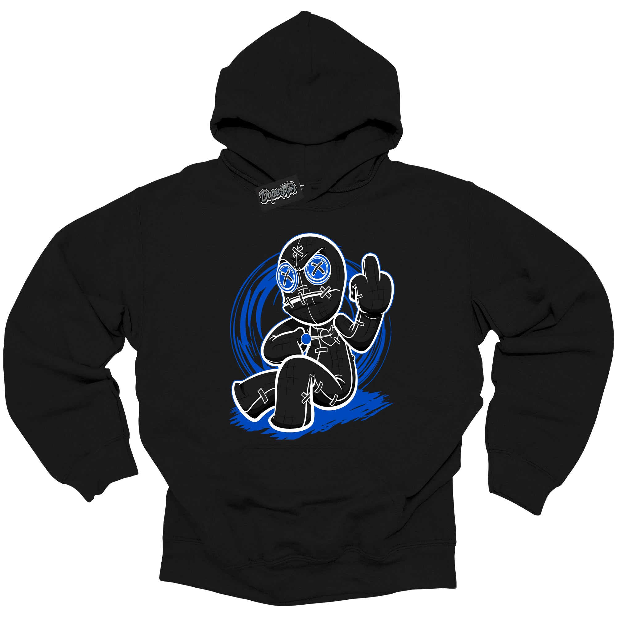 Cool Black Hoodie with “ Voodoo Doll ”  design that Perfectly Matches  Royal Reimagined 1s Sneakers.