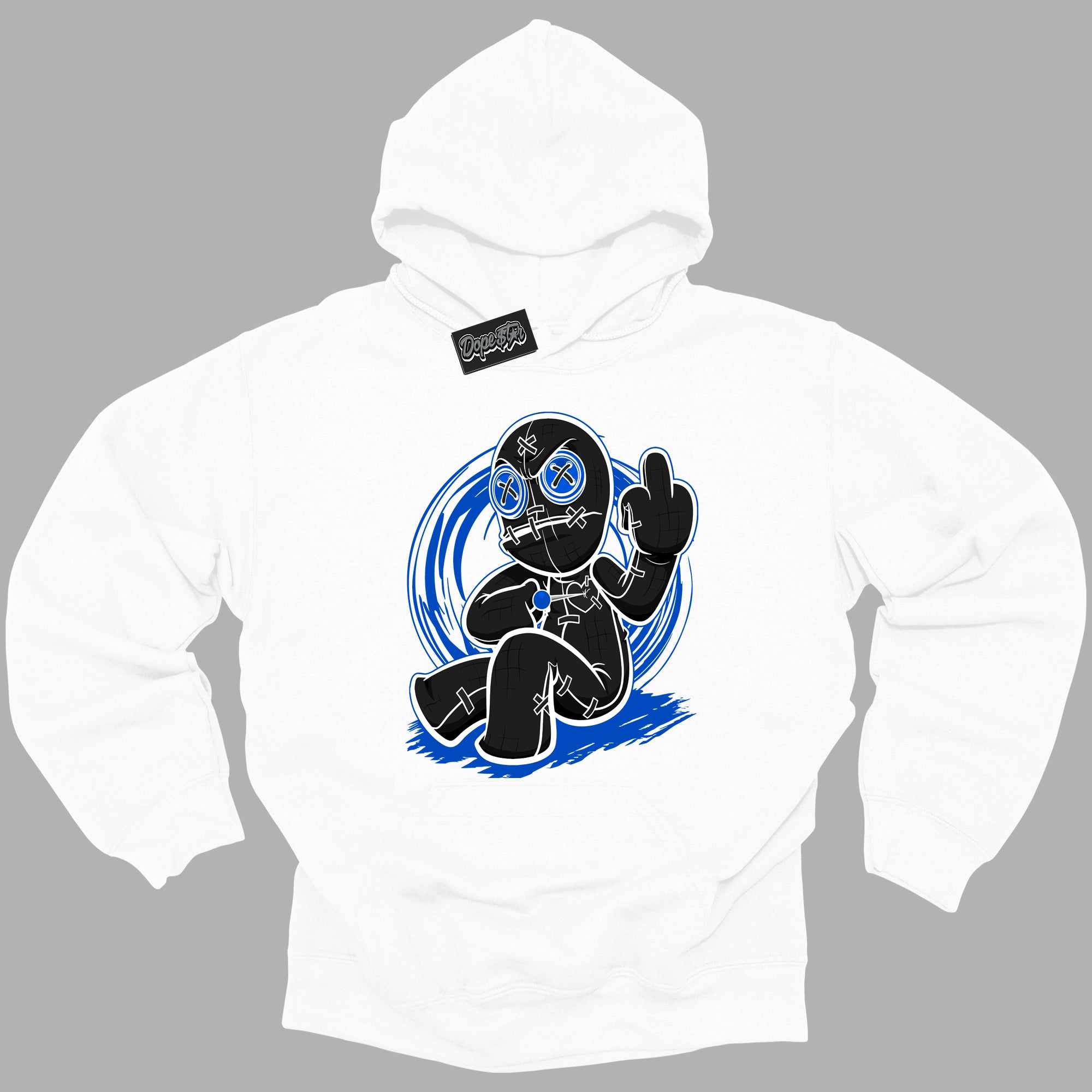 Cool White Hoodie with “ Voodoo Doll ”  design that Perfectly Matches Royal Reimagined 1s Sneakers.