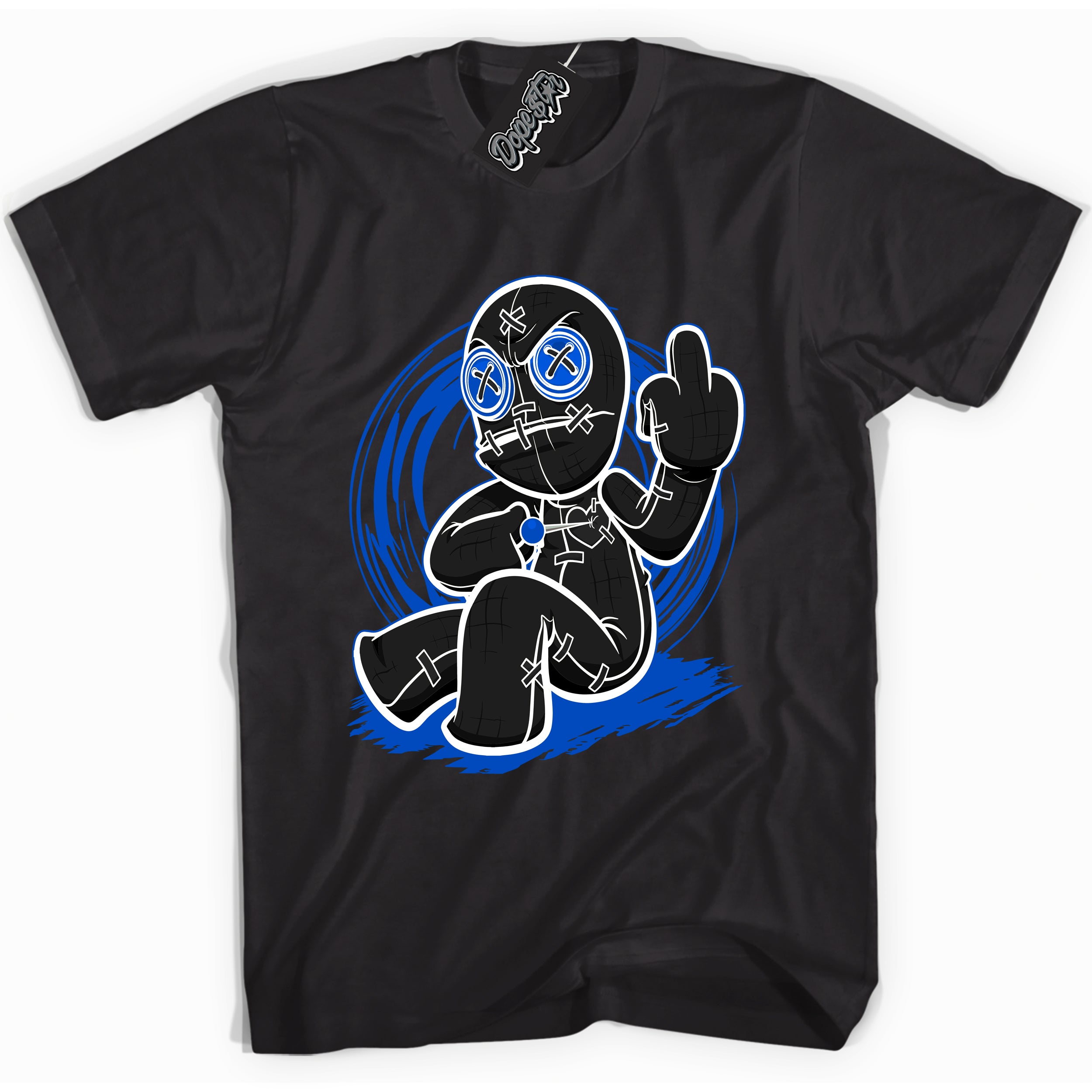 Cool Black graphic tee with "Voodoo Doll" design, that perfectly matches Royal Reimagined 1s sneakers 
