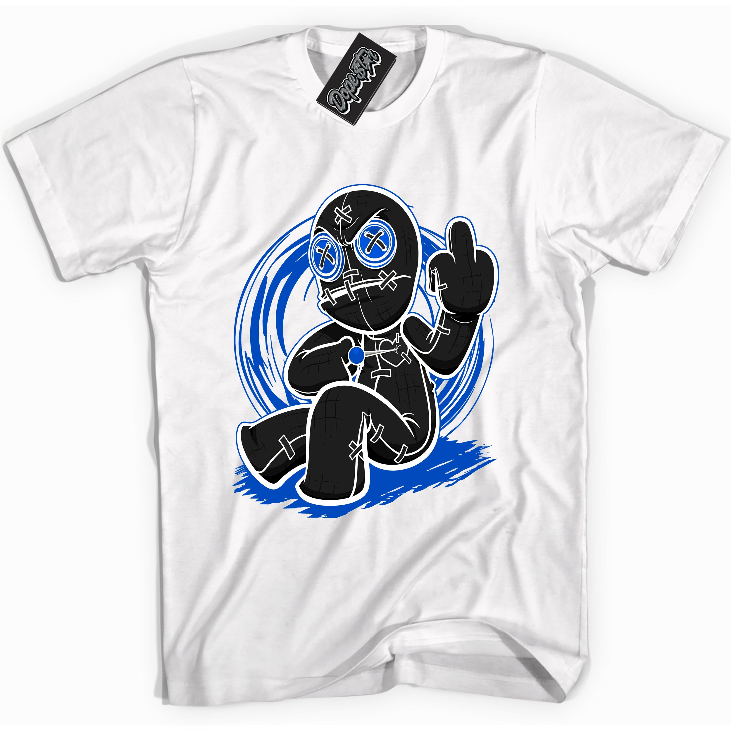 Cool White graphic tee with "Voodoo Doll" design, that perfectly matches Royal Reimagined 1s sneakers 