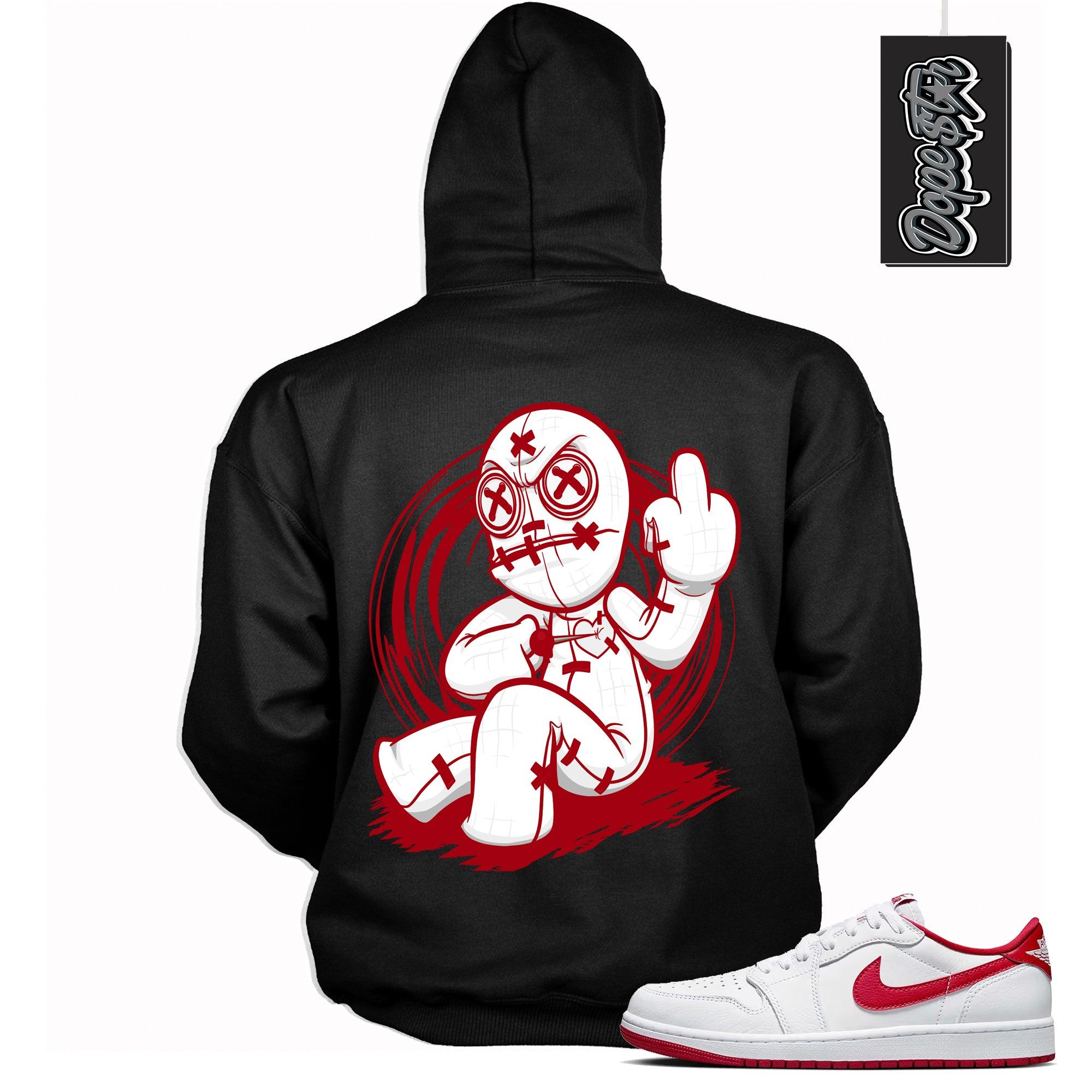 Cool Black Graphic Hoodie with “ VooDoo Doll “ print, that perfectly matches Air Jordan 1 Retro Low OG University Red and white sneakers