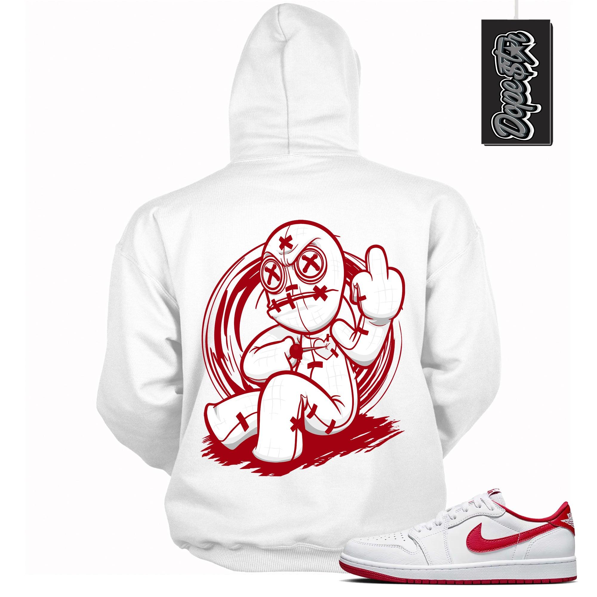 Cool White Graphic Hoodie with “ VooDoo Doll “ print, that perfectly matches Air Jordan 1 Retro Low OG University Red and white sneakers