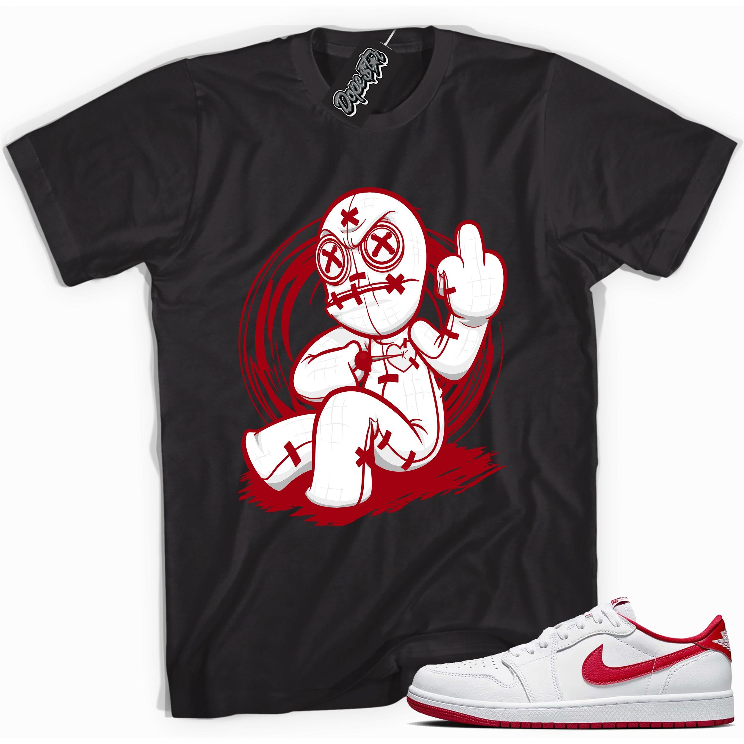 Cool Black graphic tee with “ VooDoo Doll ” print, that perfectly matches Air Jordan 1 Retro Low OG University Red and white sneakers 