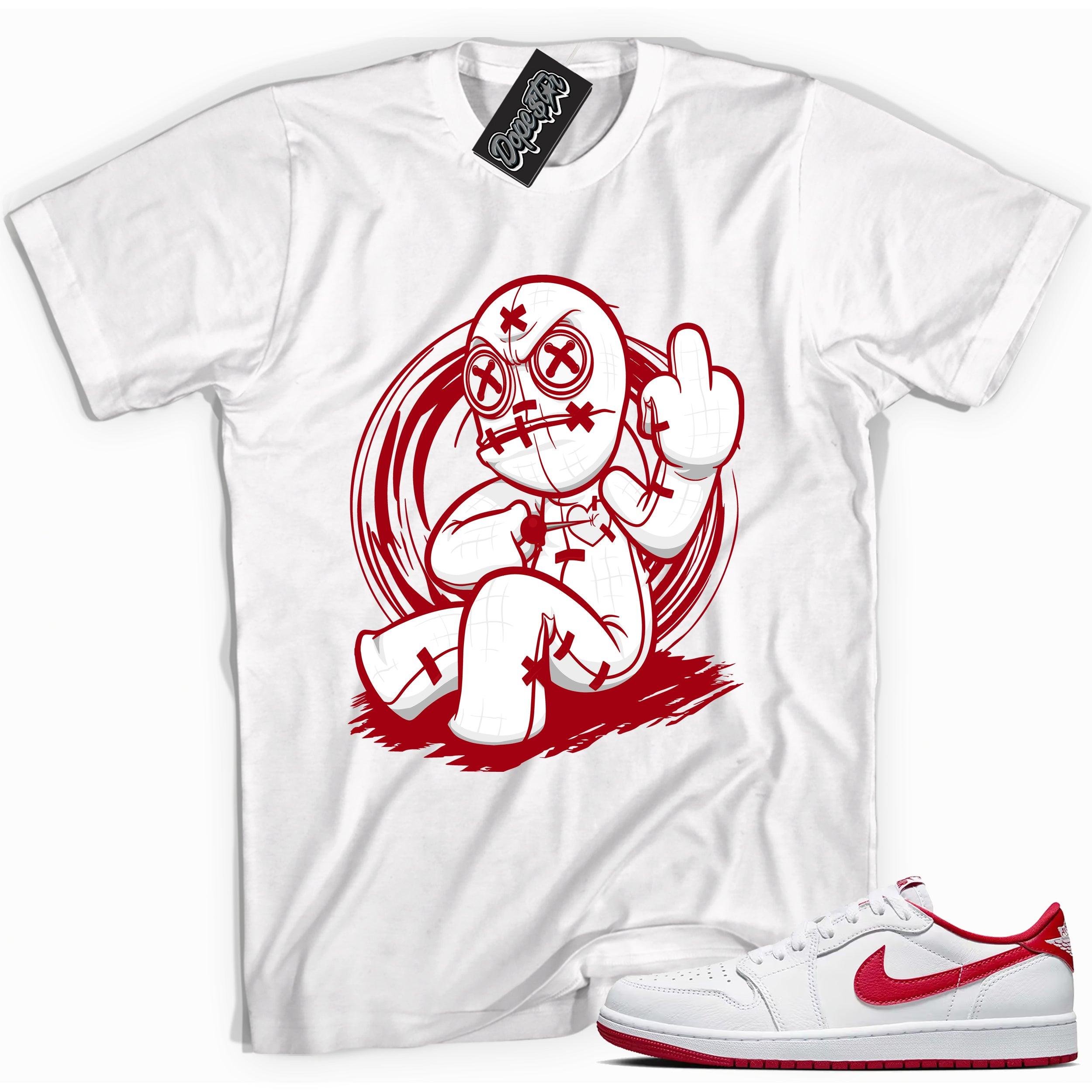 Cool White graphic tee with “ VooDoo Doll ” print, that perfectly matches Air Jordan 1 Retro Low OG University Red and white sneakers