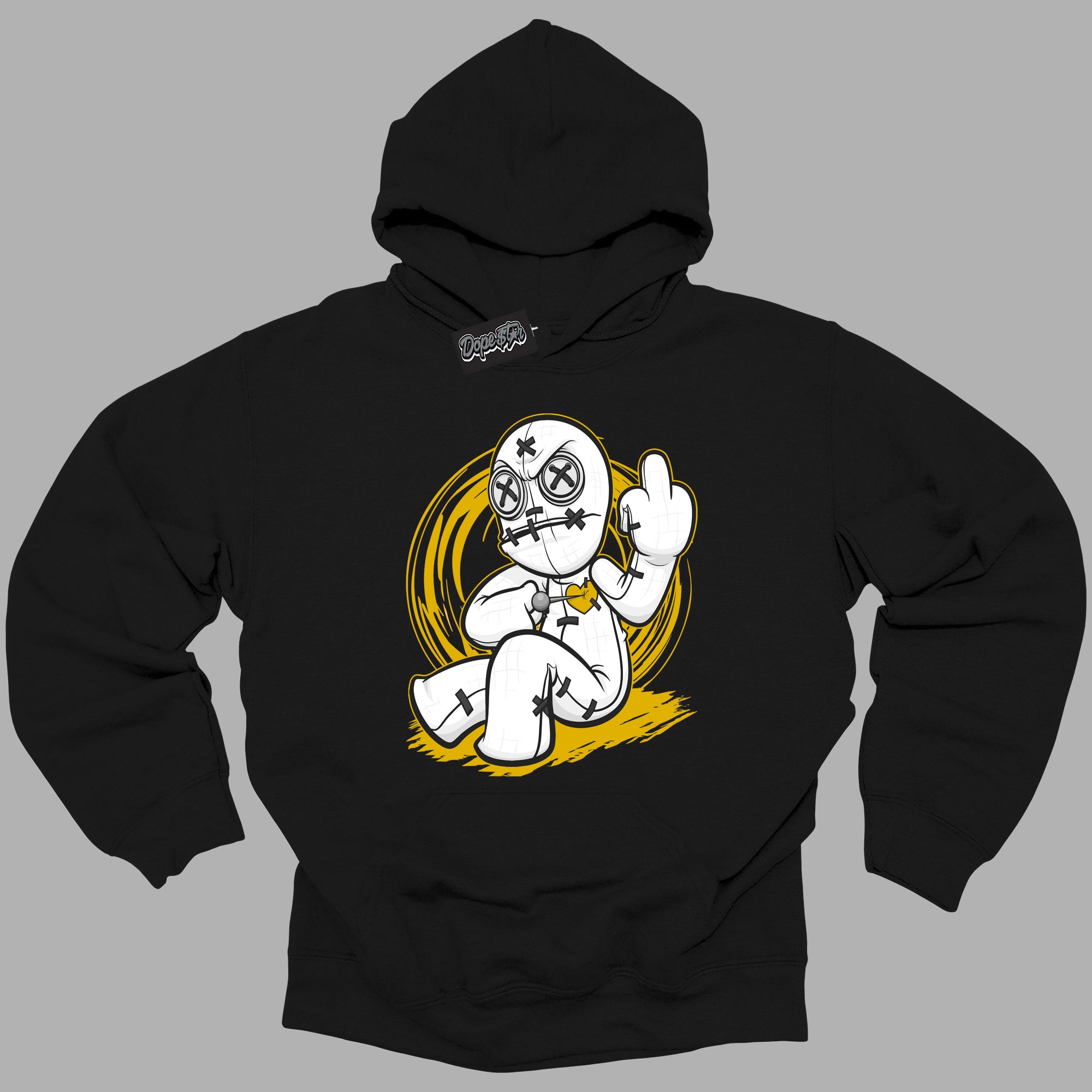 Cool Black Hoodie with “ VooDoo Doll ”  design that Perfectly Matches Yellow Ochre 6s Sneakers.
