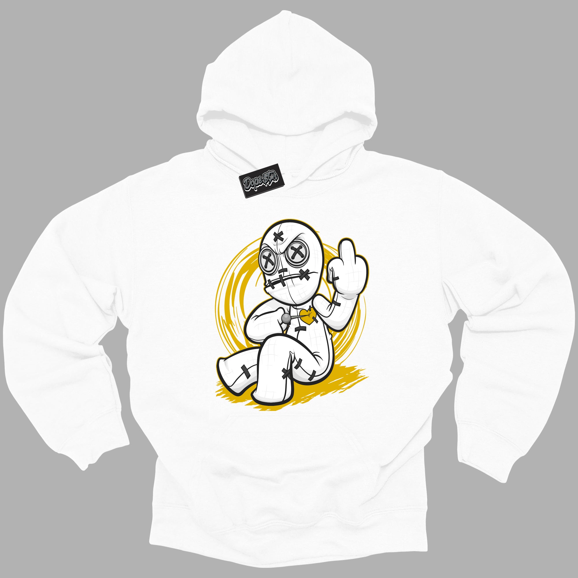 Cool White Hoodie with “ VooDoo Doll ”  design that Perfectly Matches Yellow Ochre 6s Sneakers.