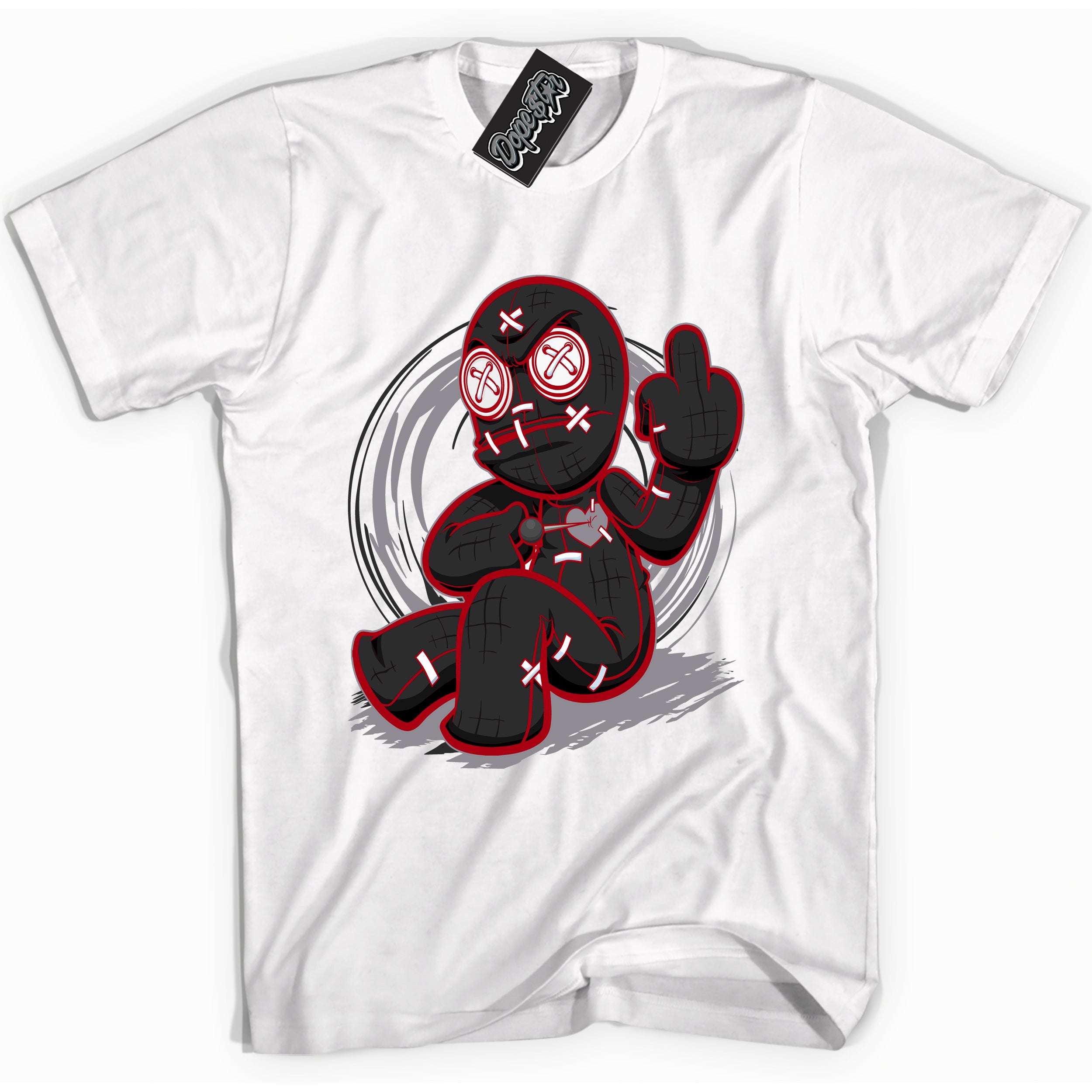 Cool White Shirt with “ VooDoo Doll” design that perfectly matches Bred Reimagined 4s Jordans.