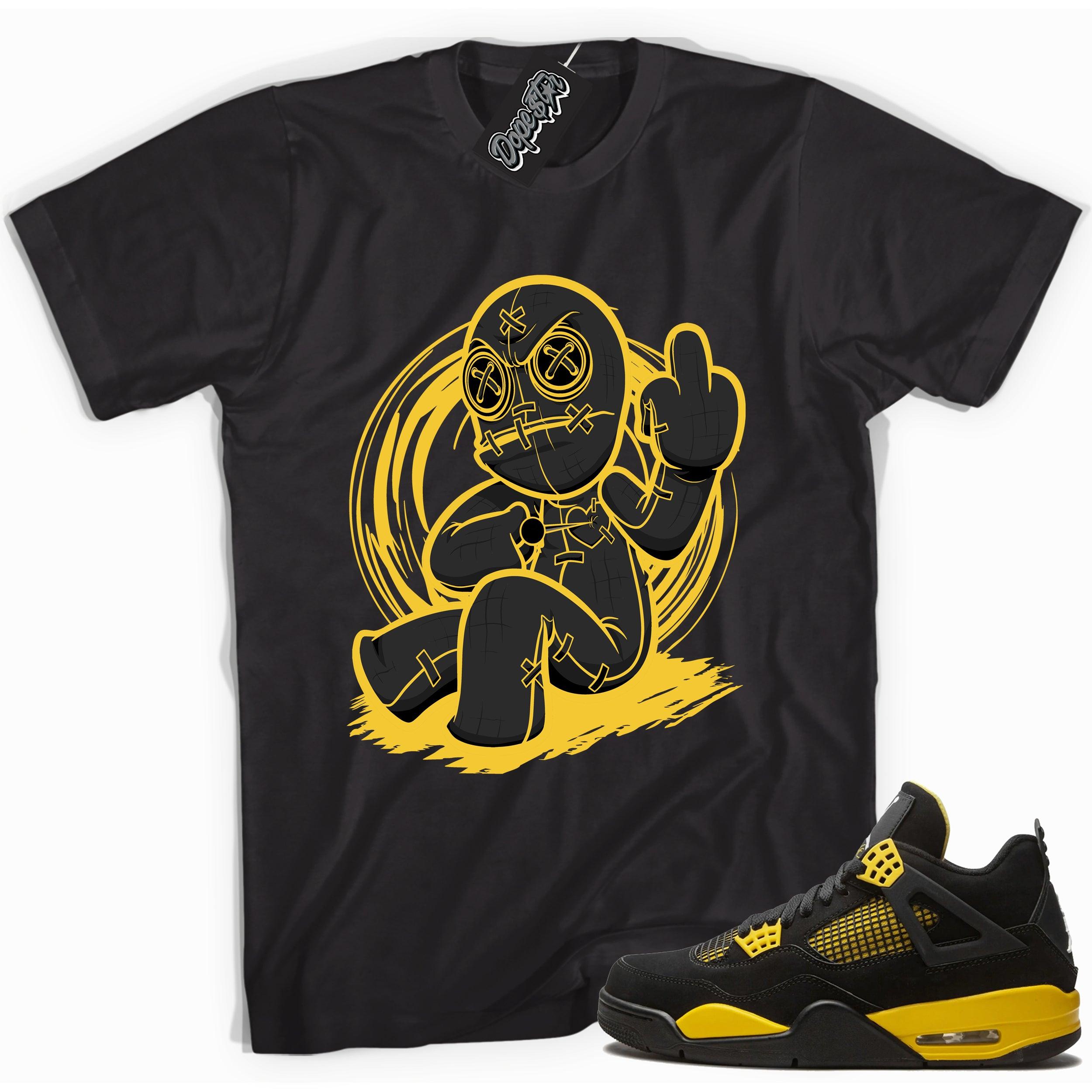 Cool black graphic tee with 'voodoo doll' print, that perfectly matches  Air Jordan 4 Thunder sneakers